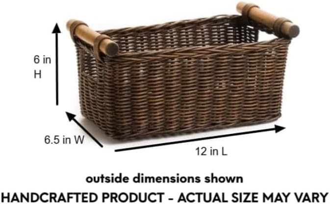 The Basket Lady Petit Pole Handle Wicker Storage Basket, Medium, 12 in L x 6.5 in W x 6 in H, Antique Walnut Brown