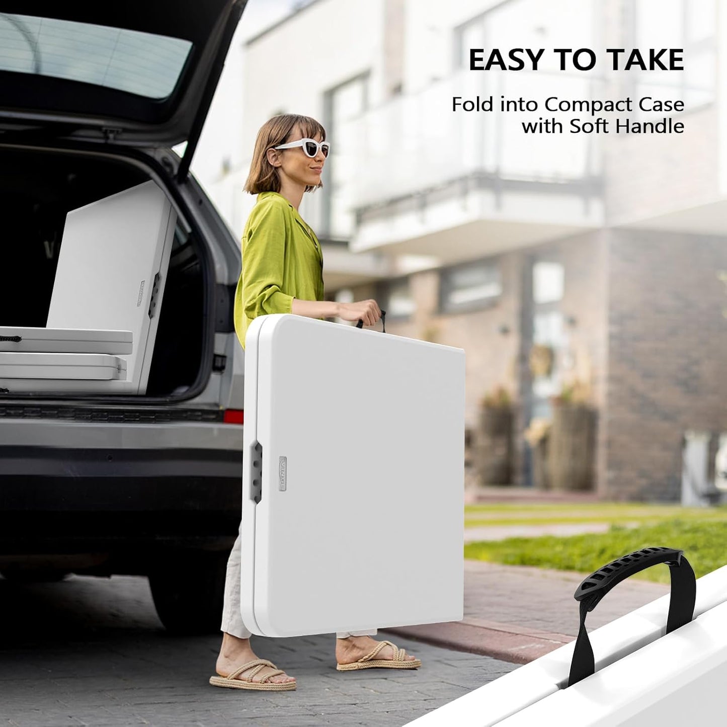 VINGLI 8 Foot Plastic Folding Table Portable Long Table for Indoor Outdoor Use Rectangular with Carrying Handle,White