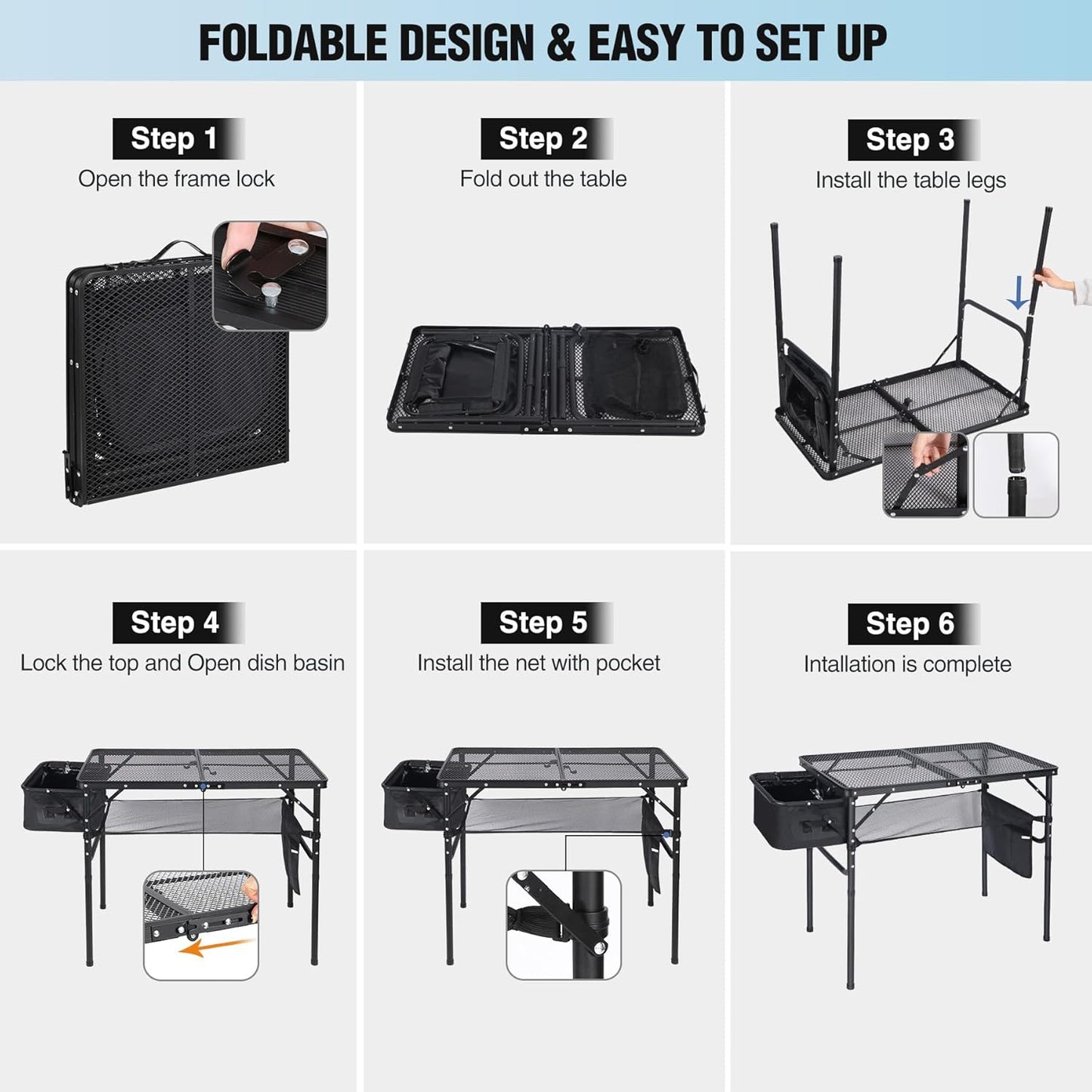 RedSwing Portable Grill Table with Sink for Outside, Aluminum Frame Folding Grill Stand Table for Outdoor Camping Picnic BBQ, Lightweight Adjustable Height, 36 x 20 x 31 Inches, Black