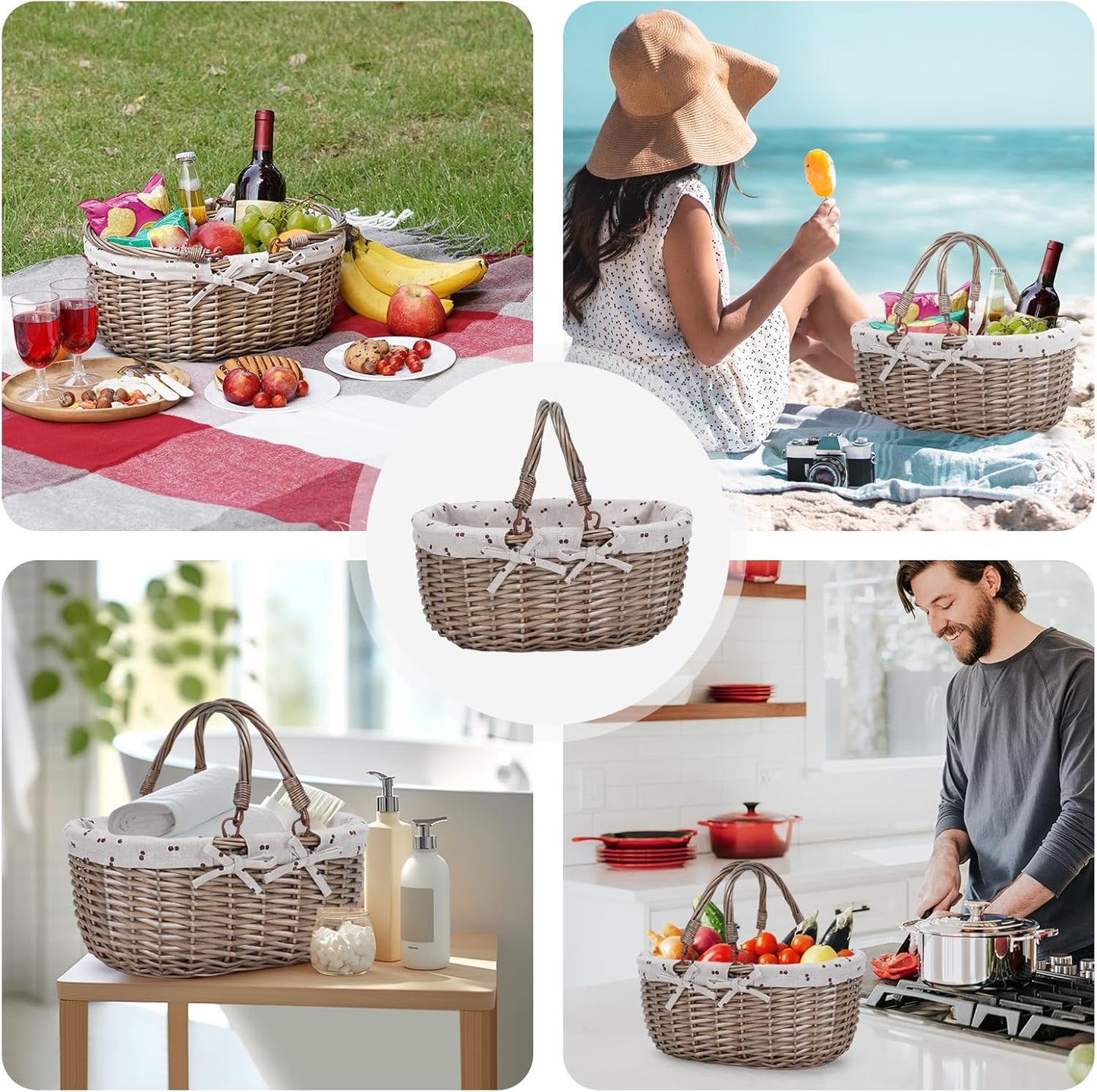 G GOOD GAIN Oval Picnic Basket with Folding Handles, Willow Hand Woven Shopping Basket, Bath Toy Kids Toy Storage Gift Packing Basket, Wicker Empty Easter Eggs and Candy Small Gift Basket. Beige