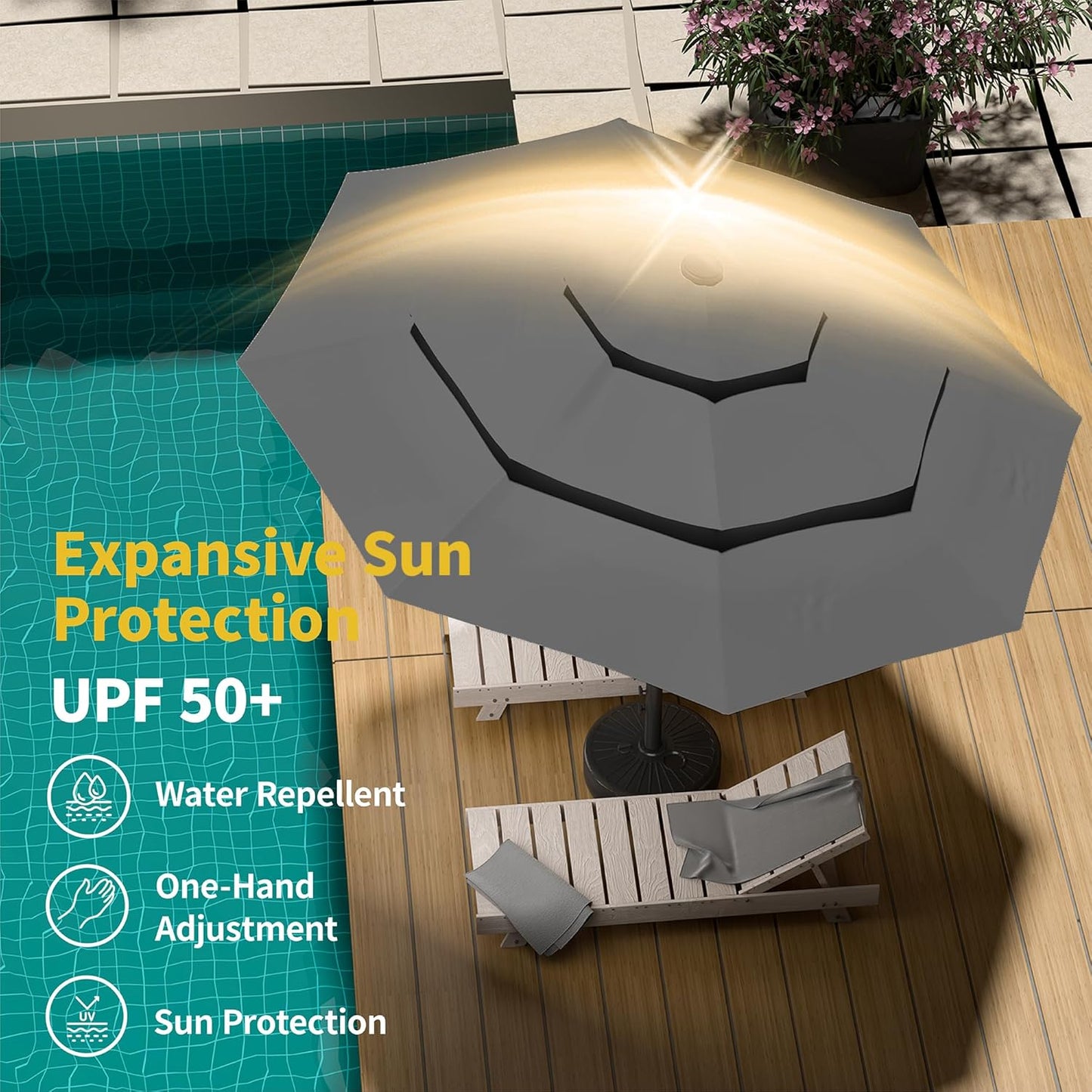 Kingdura 10ft 3-Tier Patio Umbrella with Solar Lights, Table Umbrella Outdoor Patio with Easy Crank & Tilt, 8 Sturdy Ribs, UV Protection, 32 LED Lights for Deck, Poolside, Market (Grey)