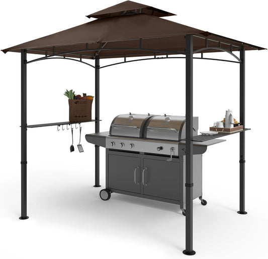 COOSHADE 8'x 5' Grill Gazebo Double Tiered Outdoor BBQ Gazebo Canopy with LED Light (Brown)