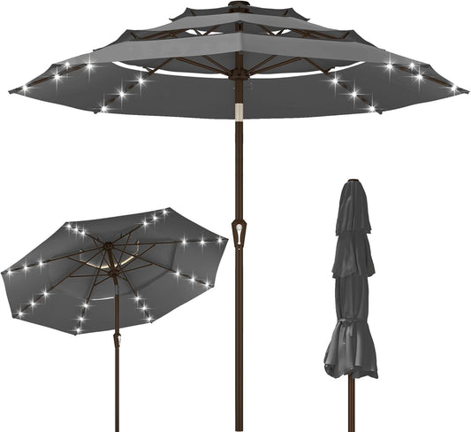 Kingdura 9ft 3-Tier Patio Umbrella with Solar Lights, Table Umbrella Outdoor Patio with Easy Crank & Tilt, 8 Sturdy Ribs, UV Protection, 32 LED Lights for Deck, Poolside, Market (Grey)