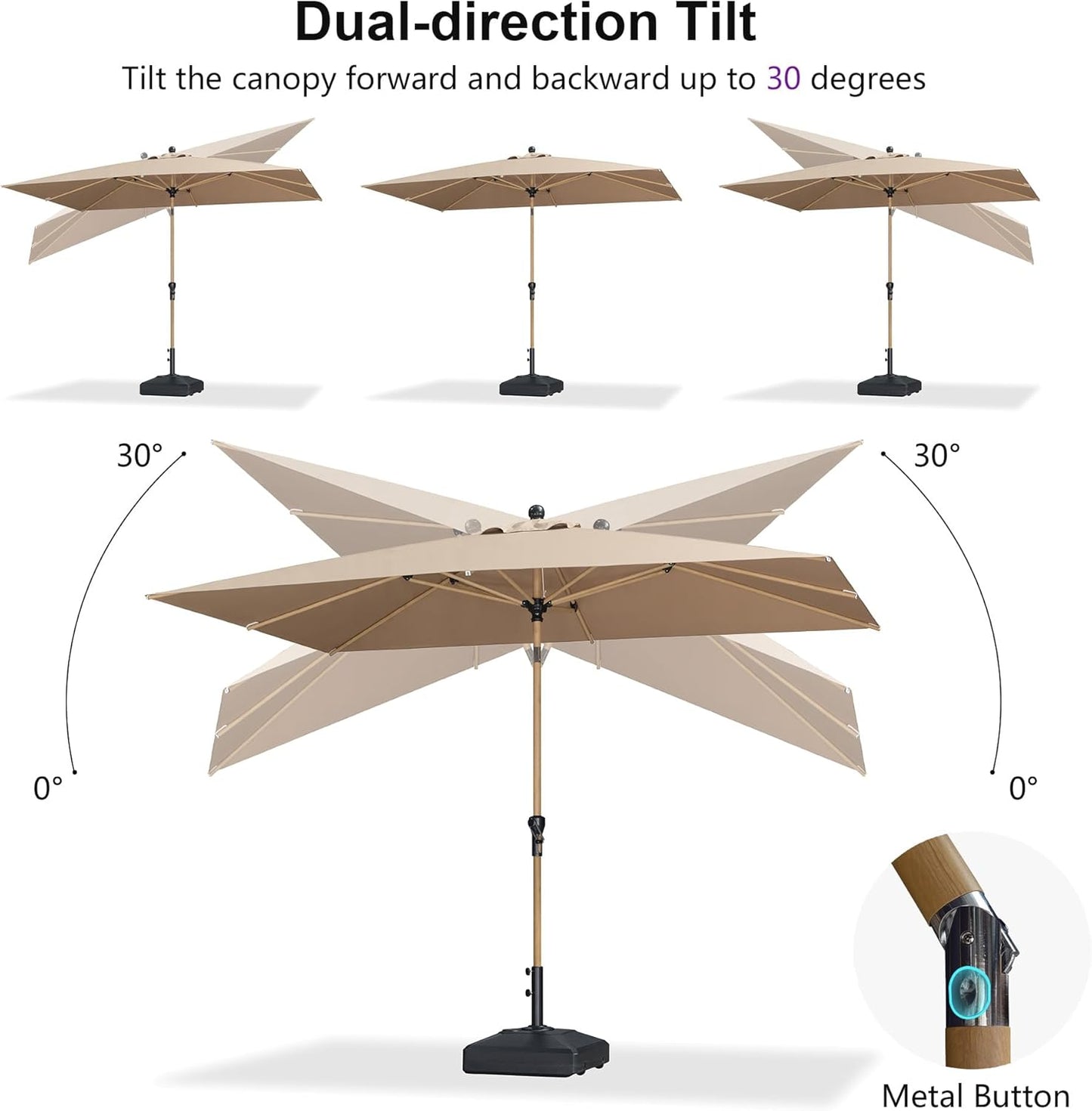 PURPLE LEAF 6' x 9' Market Umbrella Outdoor Table Umbrella Aluminum Patio Umbrella with Push Button Tilt & 8 Sturdy Ribs and Crank Rectangular Sun Umbrella for Pool Backyard Beach, Taupe