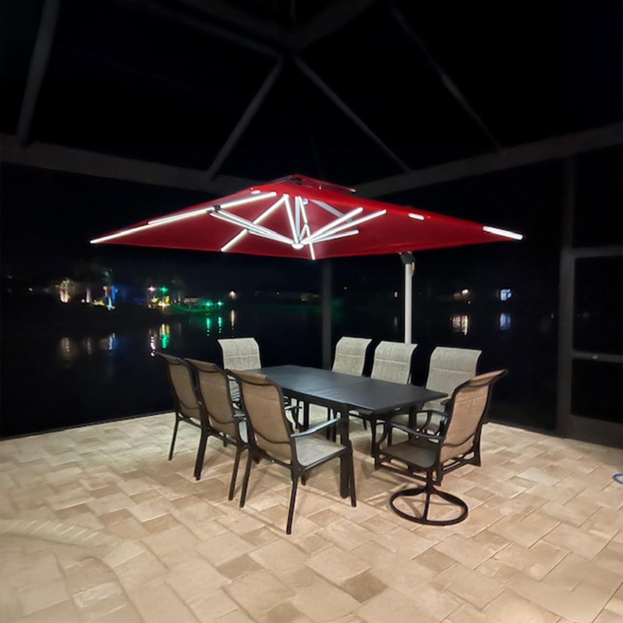 PURPLE LEAF 9' X 12' Solar Powered LED Rectangle Patio Umbrella Offset Cantilever Umbrellas Outdoor Market Umbrella Double Top Deluxe Garden Umbrellas, Terra