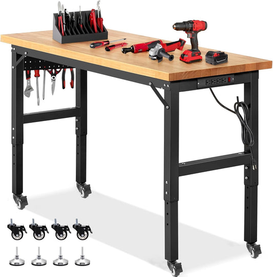 Workbench for Garage Adjustable Height 60 x 22 Inch Work Table with Wheels Heavy Duty Rubberwood Tabletop Workbench with Pegboard, Power Outlets for Woodworking Shop, Home, Office