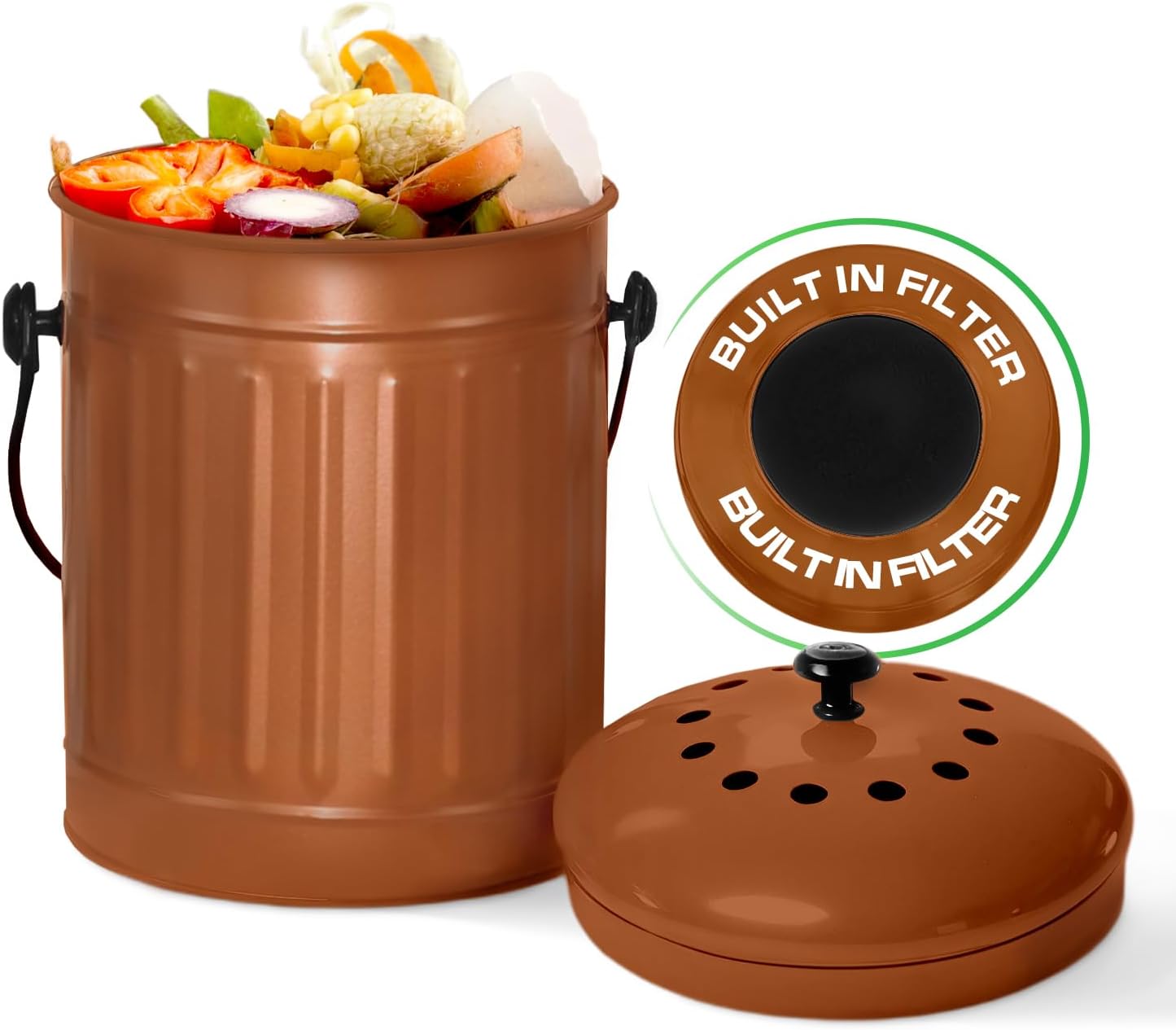 Plexon Countertop Compost Bin Kitchen Indoor, with Lid, Copper 1.5 Gallon Odorless Kitchen Compost Container, Steel Food Bucket Pail with Charcoal Filter, Bronze