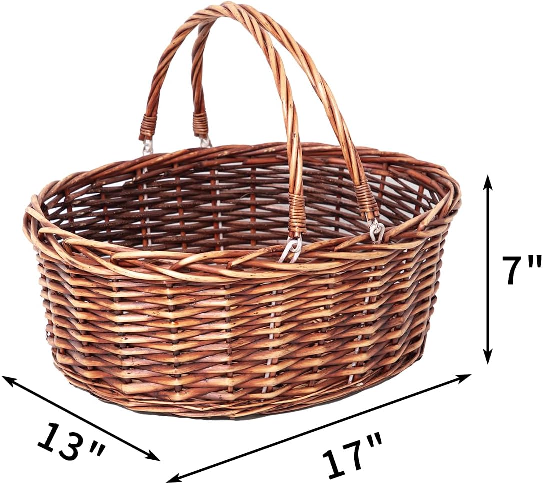 JJSQ Wicker Picnic Basket with Folding Handles Wicker Hand Woven Baskets for Storage, Garden Harvest, Easter, Empty Gift Basket, Brown, Large 17" x 13" x 7"