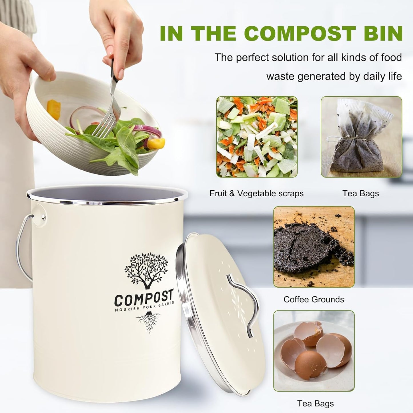 Kitchen Countertop Compost Bin, Odor Resistant Indoor Compost Bin with Lid and Charcoal Filter, Rust Resistant Coated Compost Bucket, Compost Container, Cream