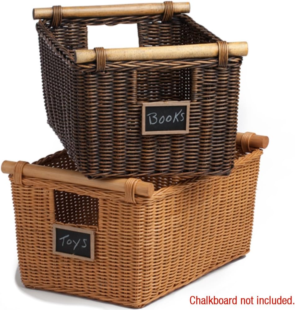 The Basket Lady Pole Handle Wicker Storage Basket, Small, 14 in L x 10 in W x 7.5 in H, Antique Walnut Brown