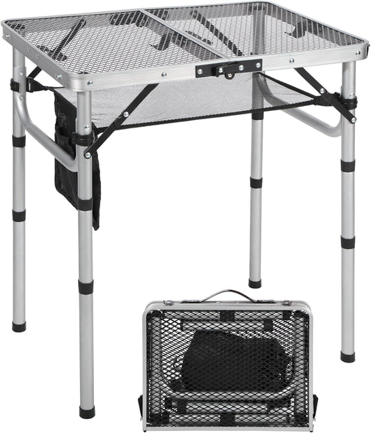 RedSwing Folding Grill Table, Lightweight Height Adjustable Aluminum Table with Mesh Desktop and Mesh Bag for Outdoor Camping Picnic BBQ, 2 Feet, Sliver