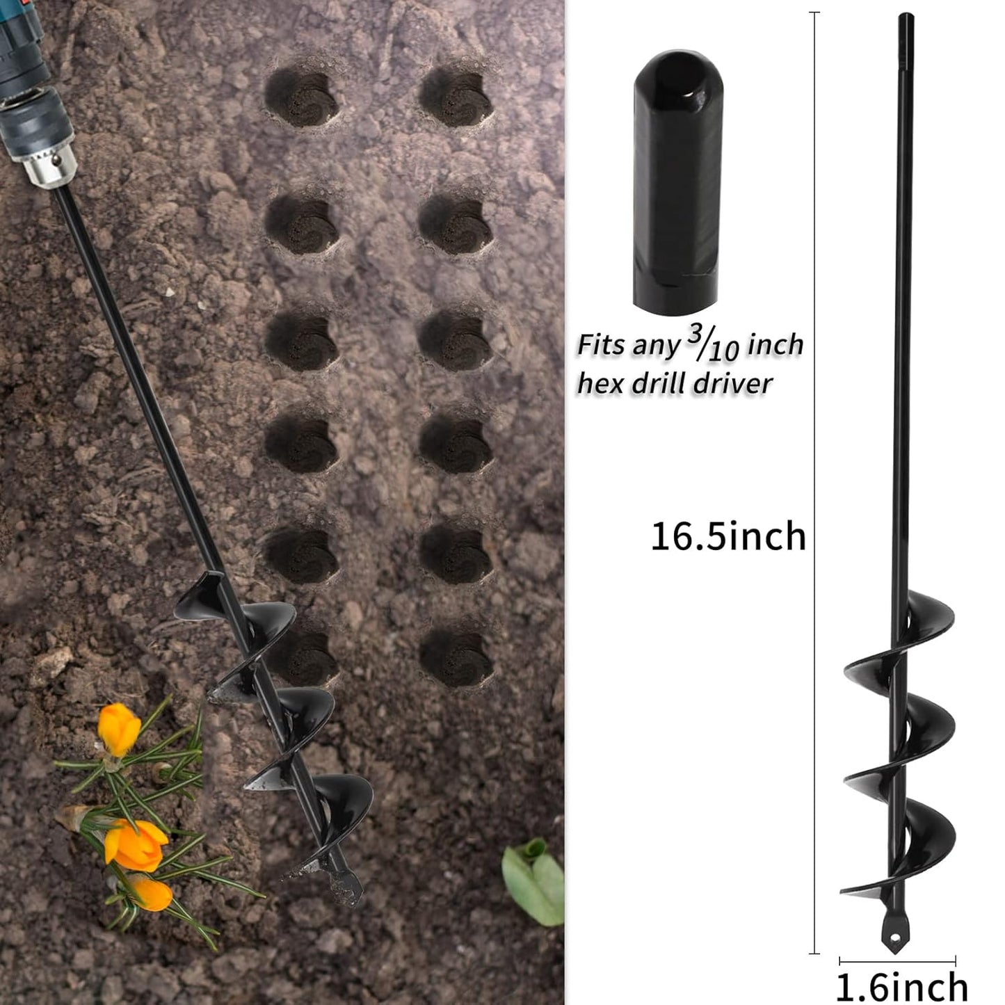 TCBWFY Garden Auger Drill Bit for Planting 1.6"x16.5"and 3.5"x16",Heavy Duty Bulb Planter Tool for Digging Holes,Compatible with 3/8" Hex Drive Drill