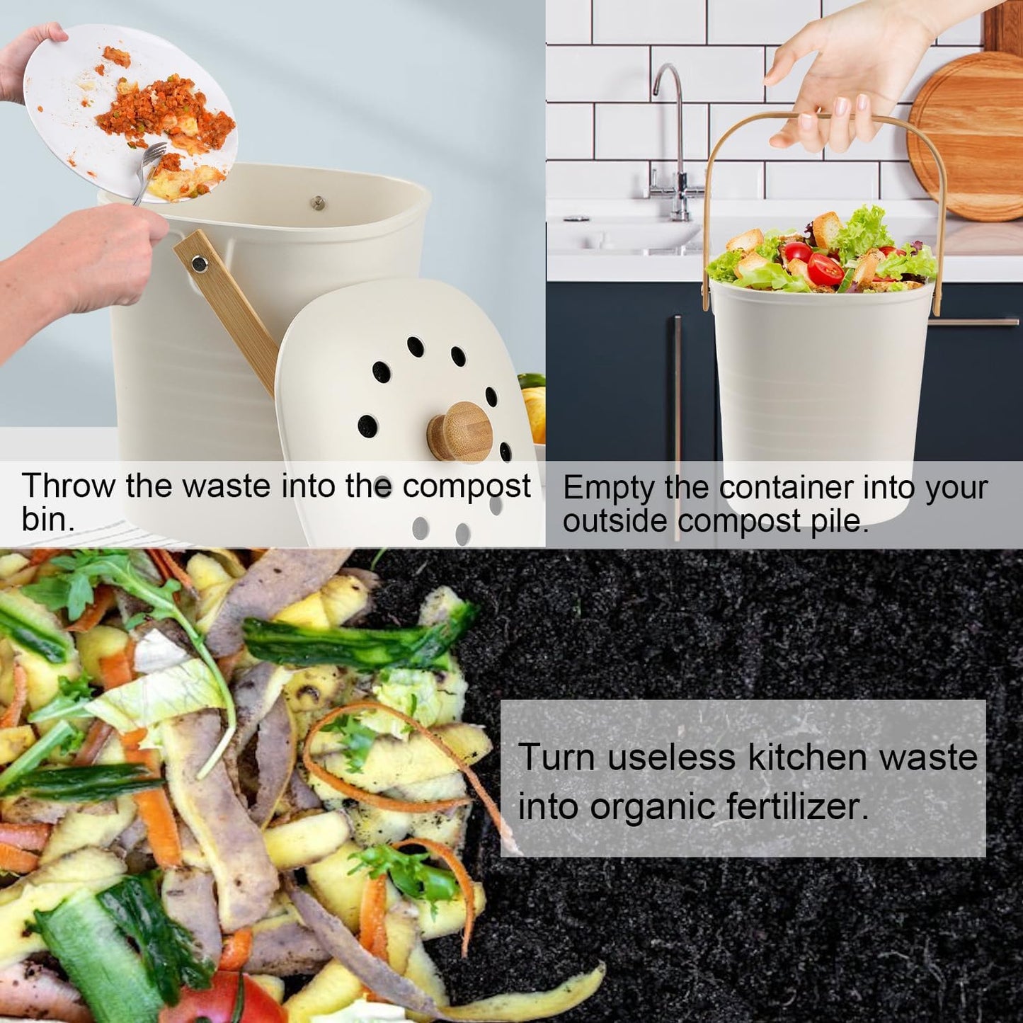 Compost Bin, LALASTAR Compost Bin Kitchen Counter with Lid, Made of Sustainable Bamboo Fiber, Odorless Indoor Compost Bin, 1 Gallon, Cream, Square