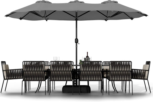 Shintenchi 16FT Large Patio Umbrella with Base, Outdoor Double-Sided Rectangular Umbrella, Market Umbrella with Crank Handle for Poolside Lawn Garden, Gray