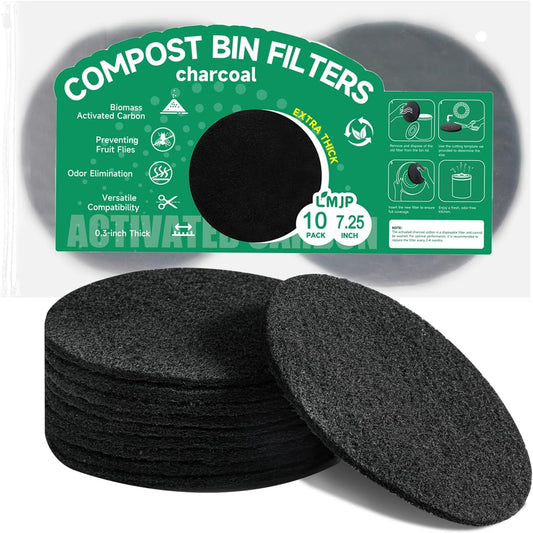 6.7 Inch Charcoal Filters for 10 Pack Kitchen Countertop Compost Bins - Extra Thick 0.3" for Longer Lasting Activated Carbon
