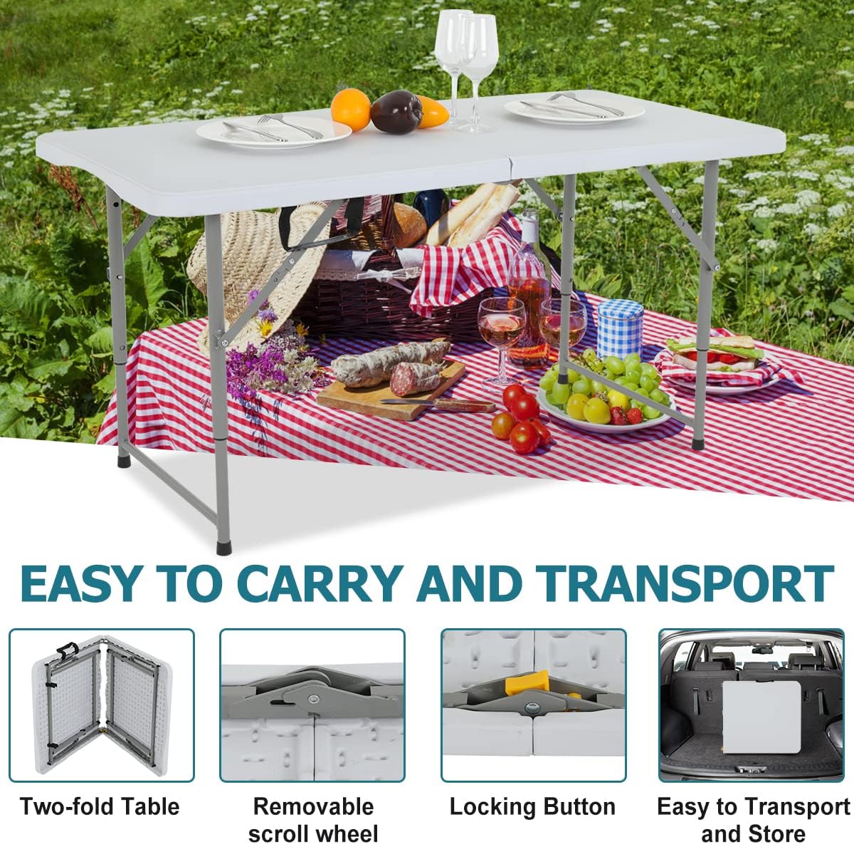 4FT Folding Table, Height Adjustable Table, Heavy Duty Plastic Tables Portable Fold-in-Half Utility Table w/Handle & Lock for Camping BBQ Party Banquet Wedding Market Events, 330LBS