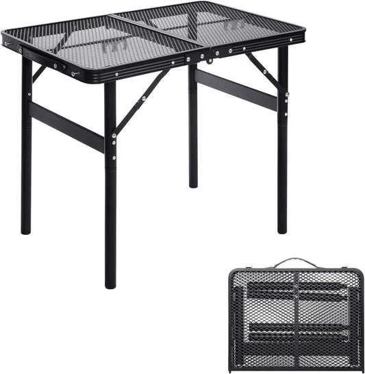Grill Table Small Folding Table 2FT Foldable Camping Table Picnic Portable Mesh 2 Height Adjustable Outdoor Beach BBQ Black 23.6×15.7× 9.4/20.4inch