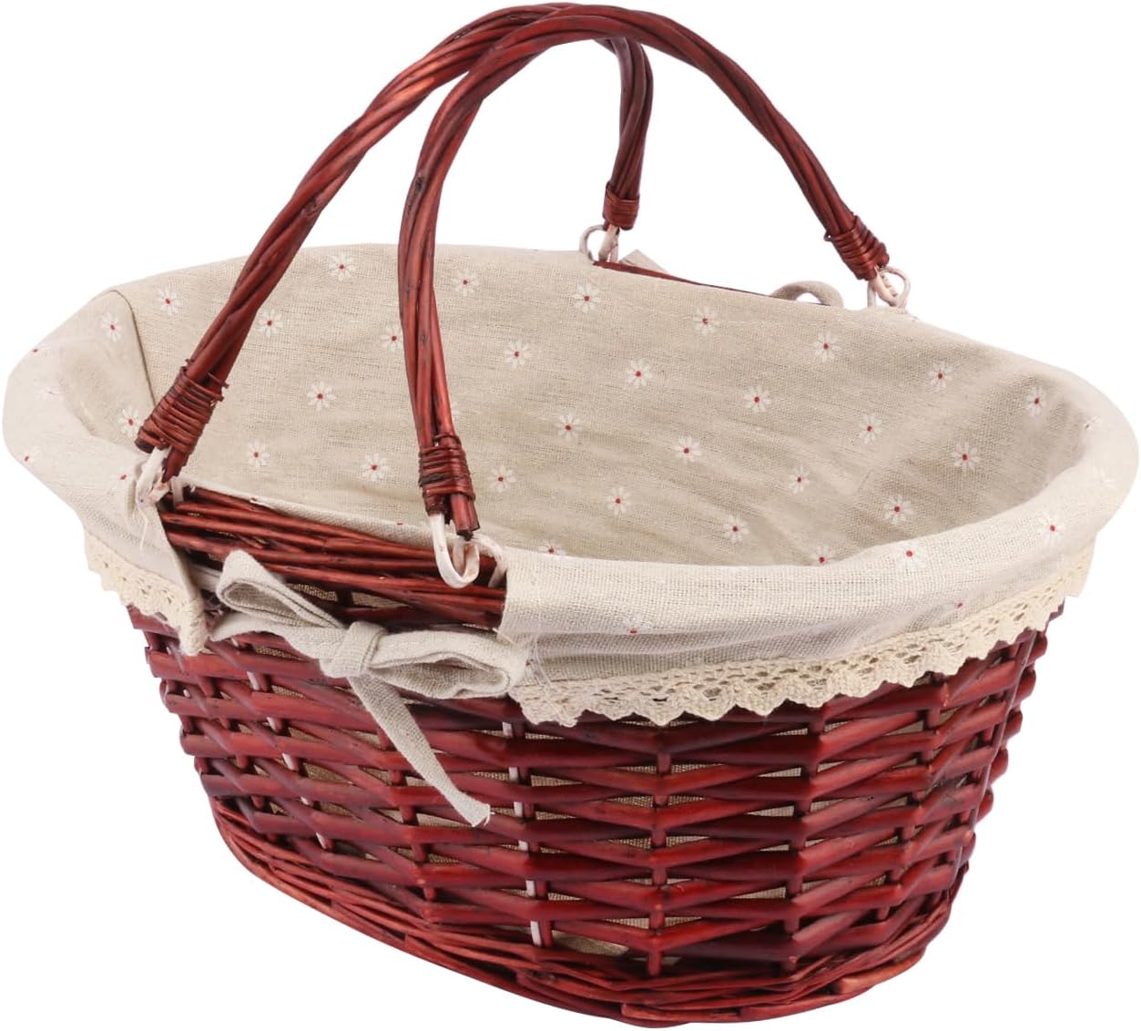 Large Wicker Basket with Handle, 14.2 x 11 x 6.7 inch Wicker Picnic Basket with Liner, Empty Gift Basket, Oval Willow Woven Basket for Fruit, Candy, Wine, Gathering, Wedding, Picnic, by GNIEMCKIN.