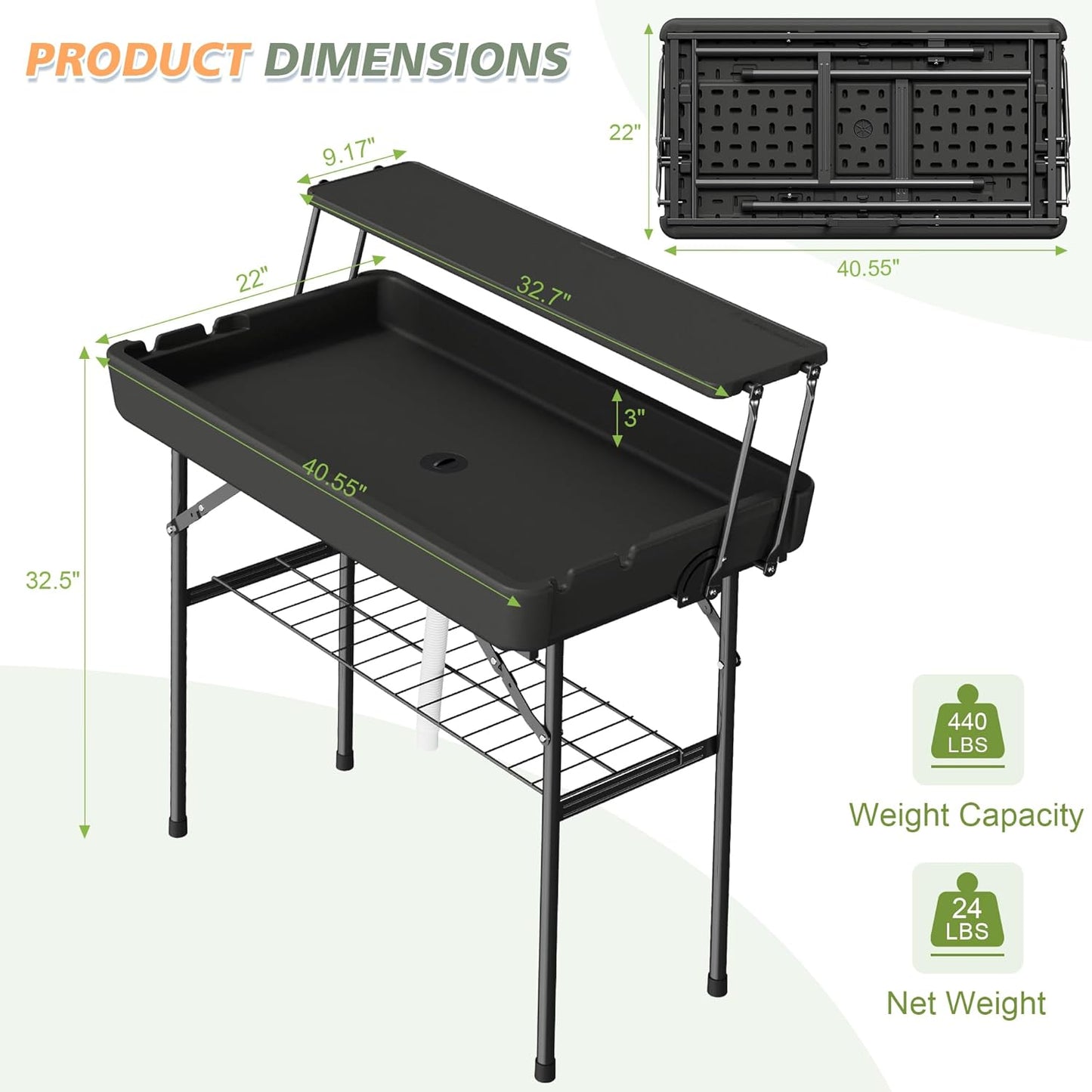 Outdoor Ice Cooler Folding Table with Extra Storage Shelf,Ice Tables for Parties with Drain,Cooler Server for Camping, Picnic, Wedding, BBQ, Black