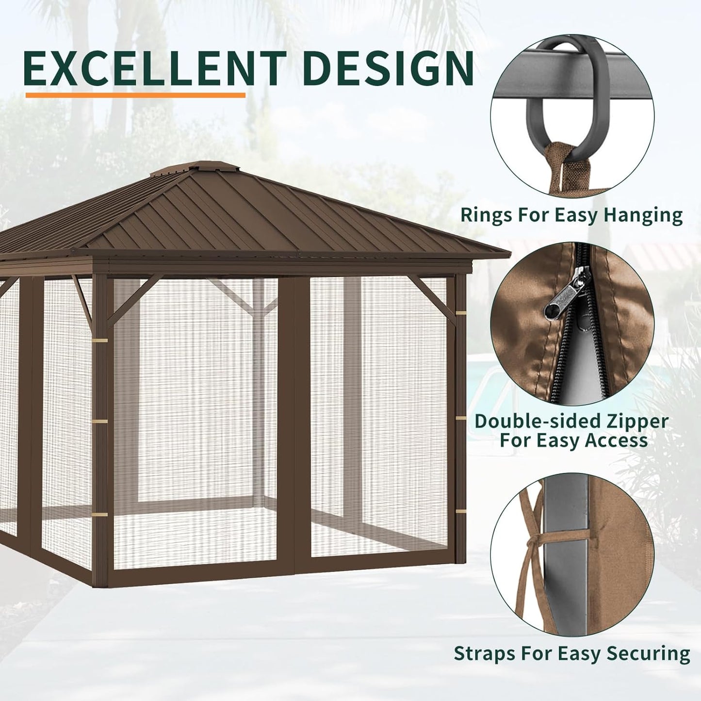 Replacement Gazebo Mosquito Netting 10' x 12',Universal Netting for Canopy Tent,4-Panel with Zipper for Outdoor Patio,Backyard (Mosquito Net Only,Brown)