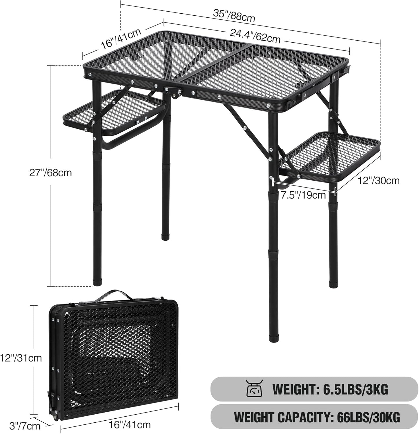 REDCAMP 35x16 Folding Grill Table for Outside with 2 Side Tables, 4 Adjustable Heights Portable Small Stand Table for Outdoor Indoor Camping Picnic BBQ