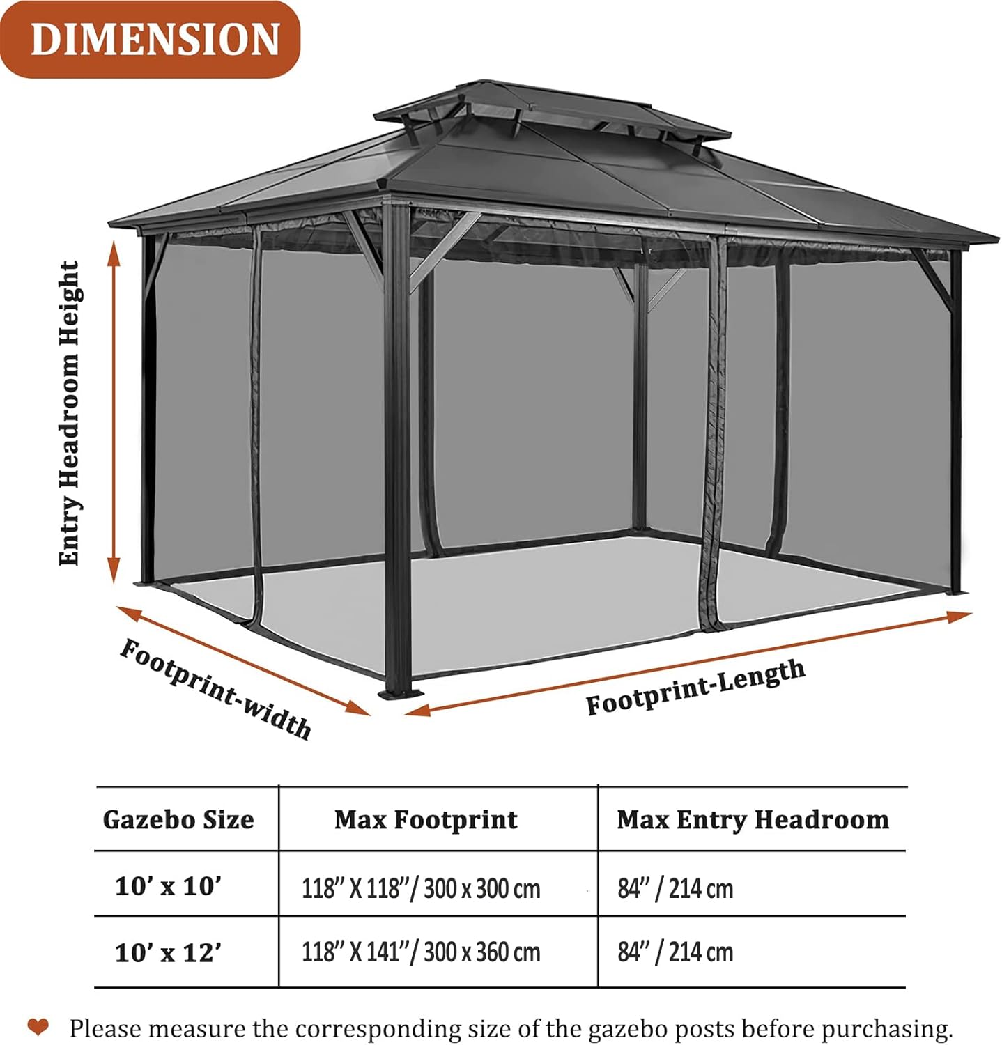 Gazebo Mosquito Netting Replacement 10' x 12' x 7'1'', Universal 4-Panel Screen Sidewall with Zipper, Black (Mosquito Net Only)
