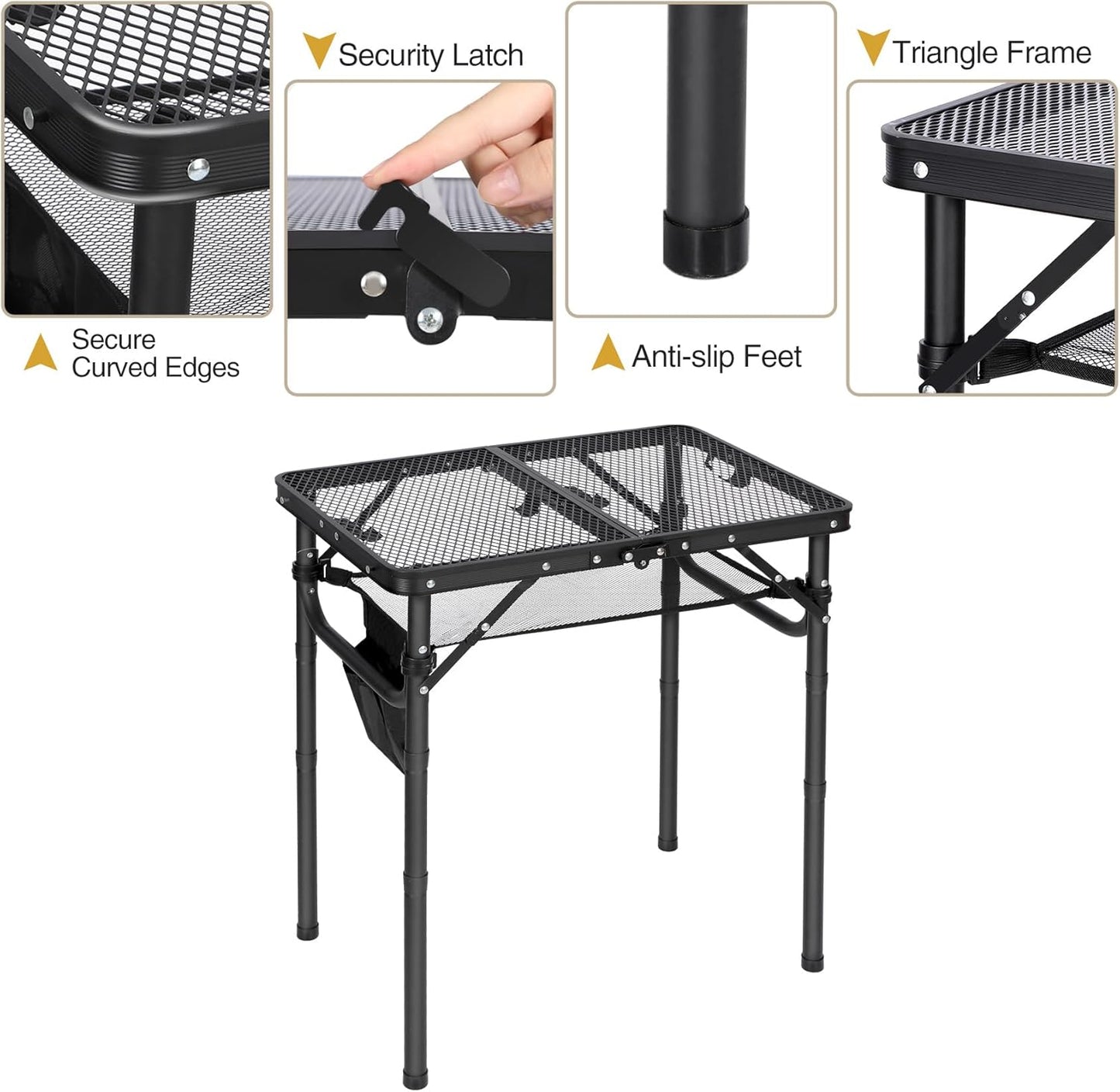 REDCAMP Small Folding Grill Table for Outside, 3 Heights Adjustable Lightweight Portable Metal Aluminum Outdoor Grill Table for Camping Picnic Cooking BBQ, Black 24x16 inches