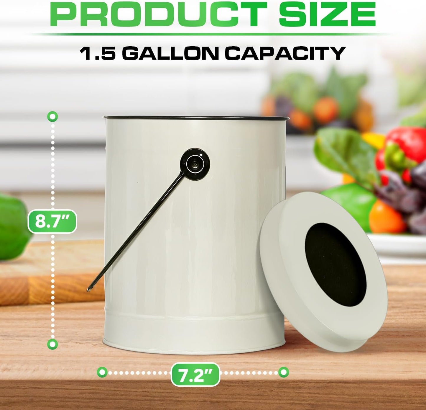 Plexon Countertop Compost Bin Kitchen Indoor with Lid, Off-White 1.5 Gallon Odorless Container, Steel Food Compost Bucket for Kitchen with Charcoal Filter, Compost Pail Countertop