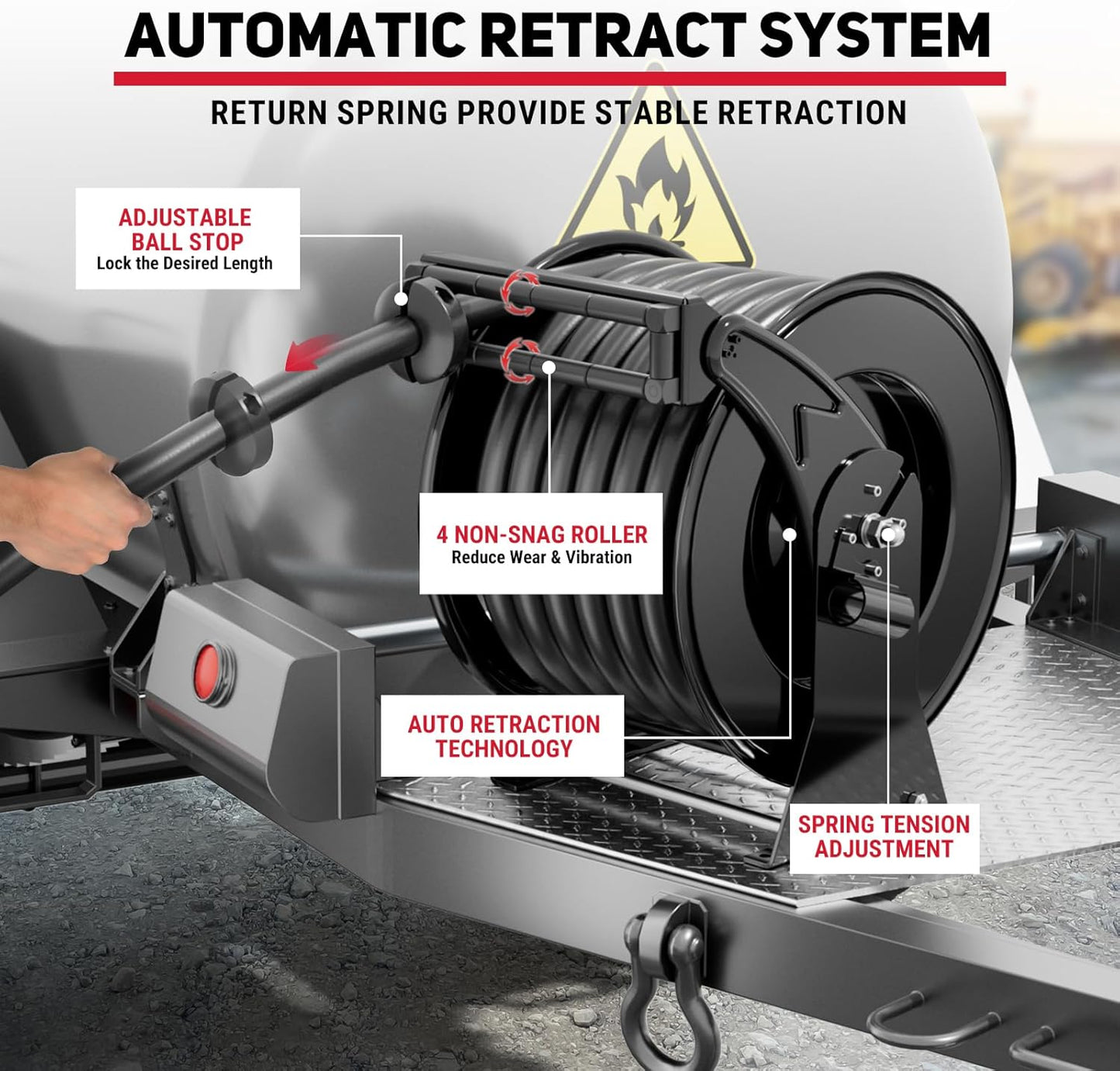 Retractable Fuel Hose Reel with Refueling Nozzle 1" x 50ft Spring Driven Diesel Hose Reel 300 PSI Industrial Auto Swivel Heavy Duty Steel Construction Reel for Ship Vehicle Tank Truck, Black