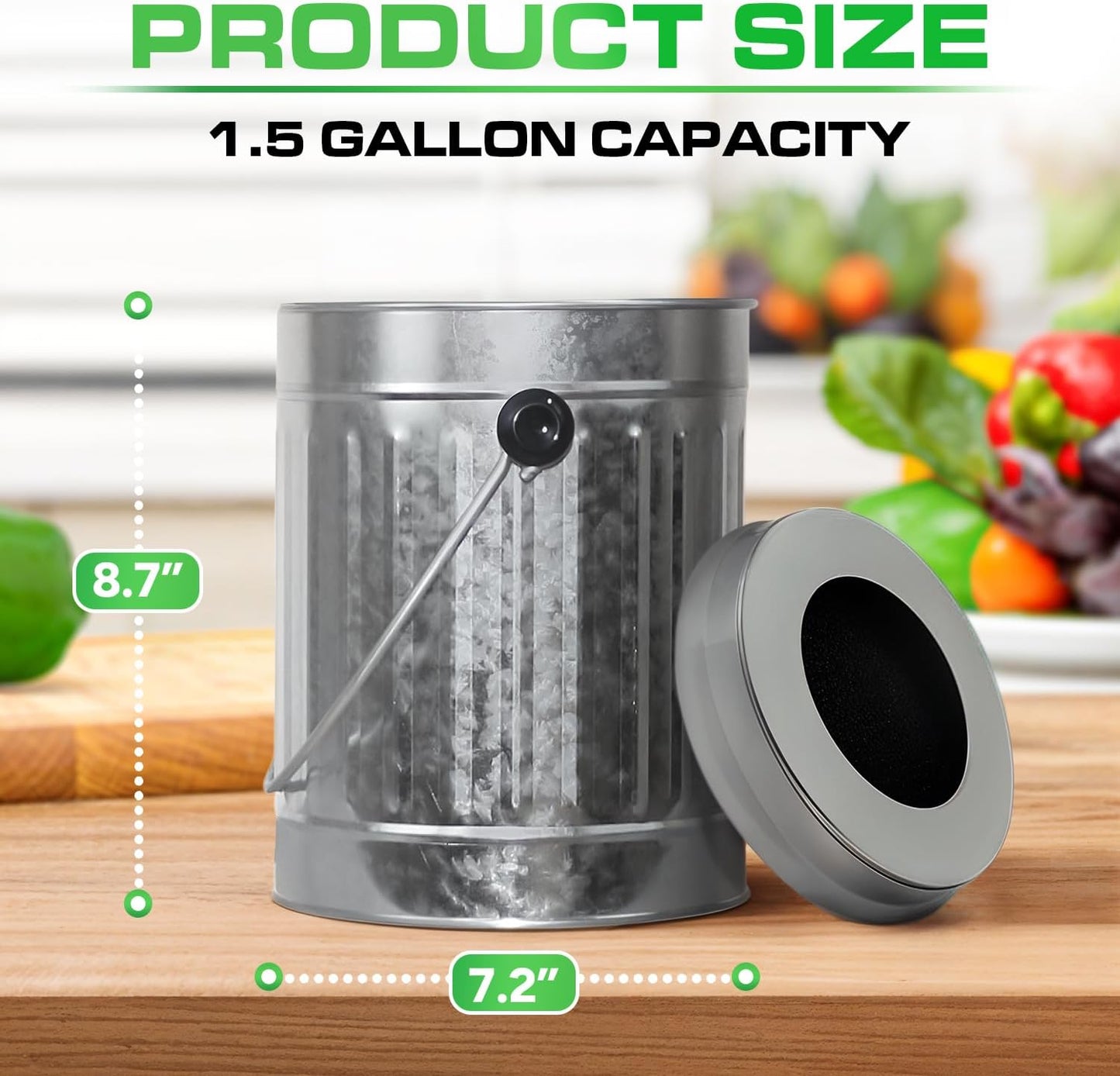 Plexon Countertop Compost Bin Kitchen Indoor, with Lid, Silver 1.5 Gallon Odorless Kitchen Compost Container, Steel Food Bucket Pail with Charcoal Filter, Silver