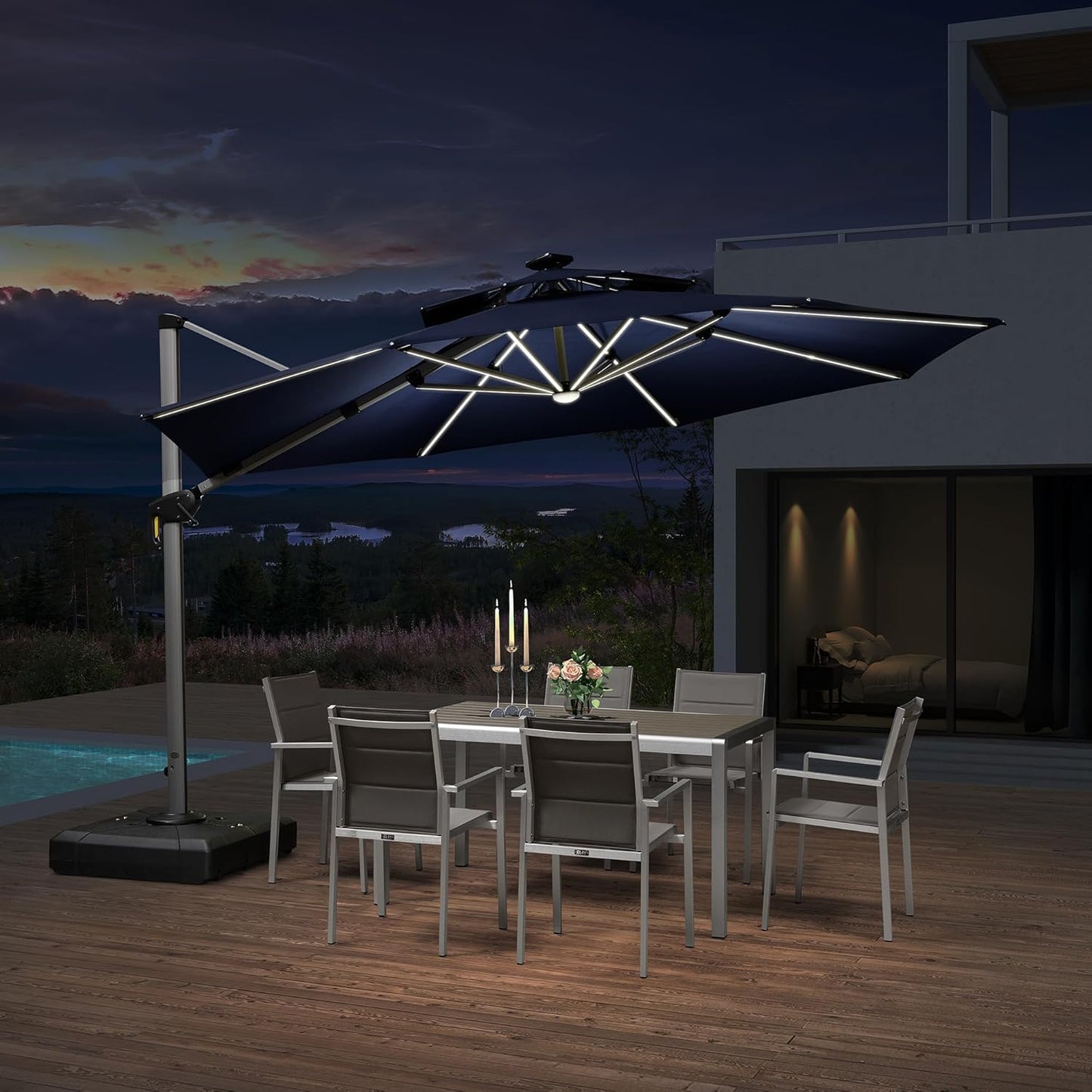 PURPLE LEAF 12ft Patio Umbrella With Base Solar powered LED Cantilever Umbrella with LED lights Windproof Outdoor Offset Umbrella for Garden Deck Pool Patio, Navy Blue