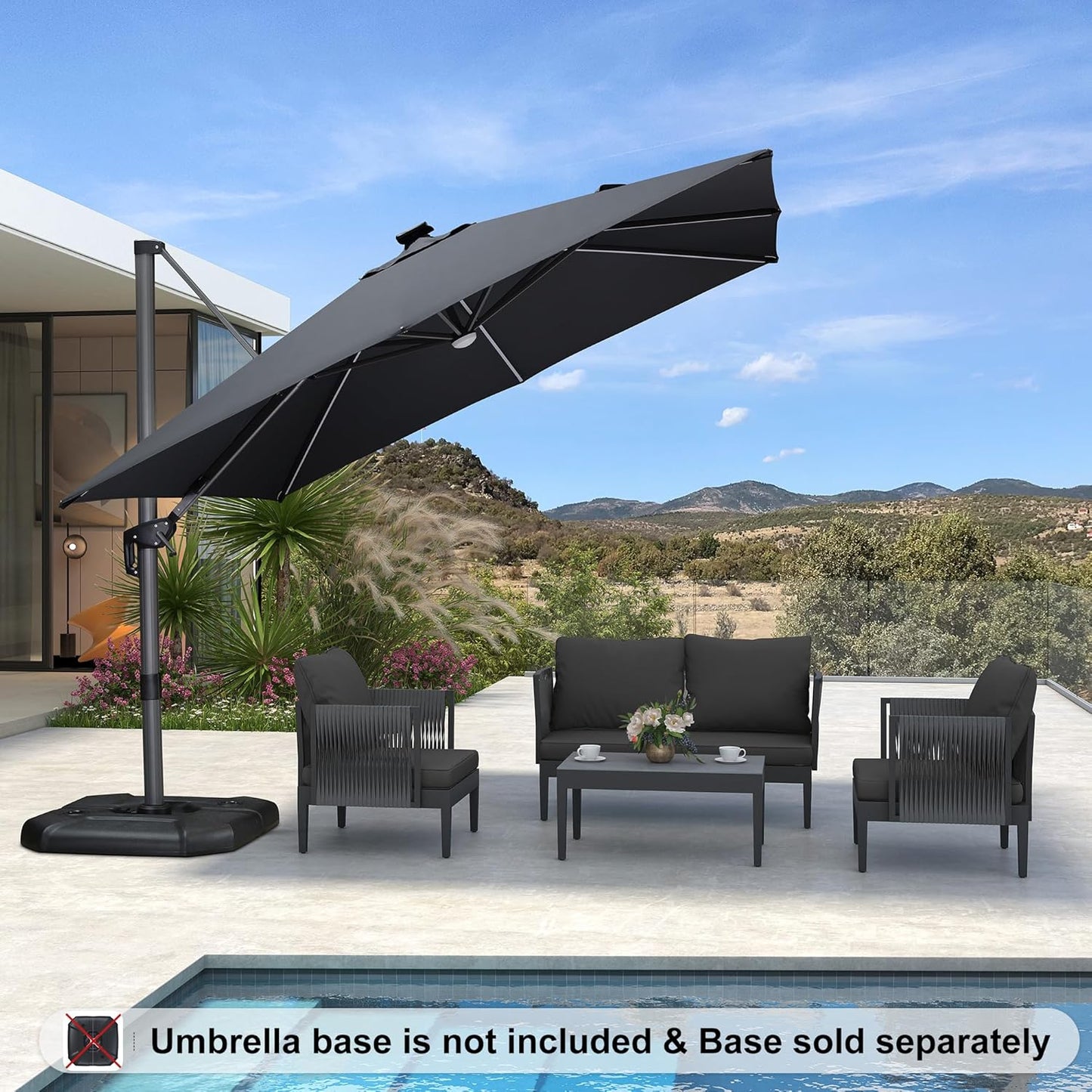 PURPLE LEAF 10 Feet Patio Umbrella Outdoor Cantilever Solar Powered LED Square Umbrella Aluminum Offset Umbrella with 360-degree Rotation for Garden Deck Pool Patio, Grey