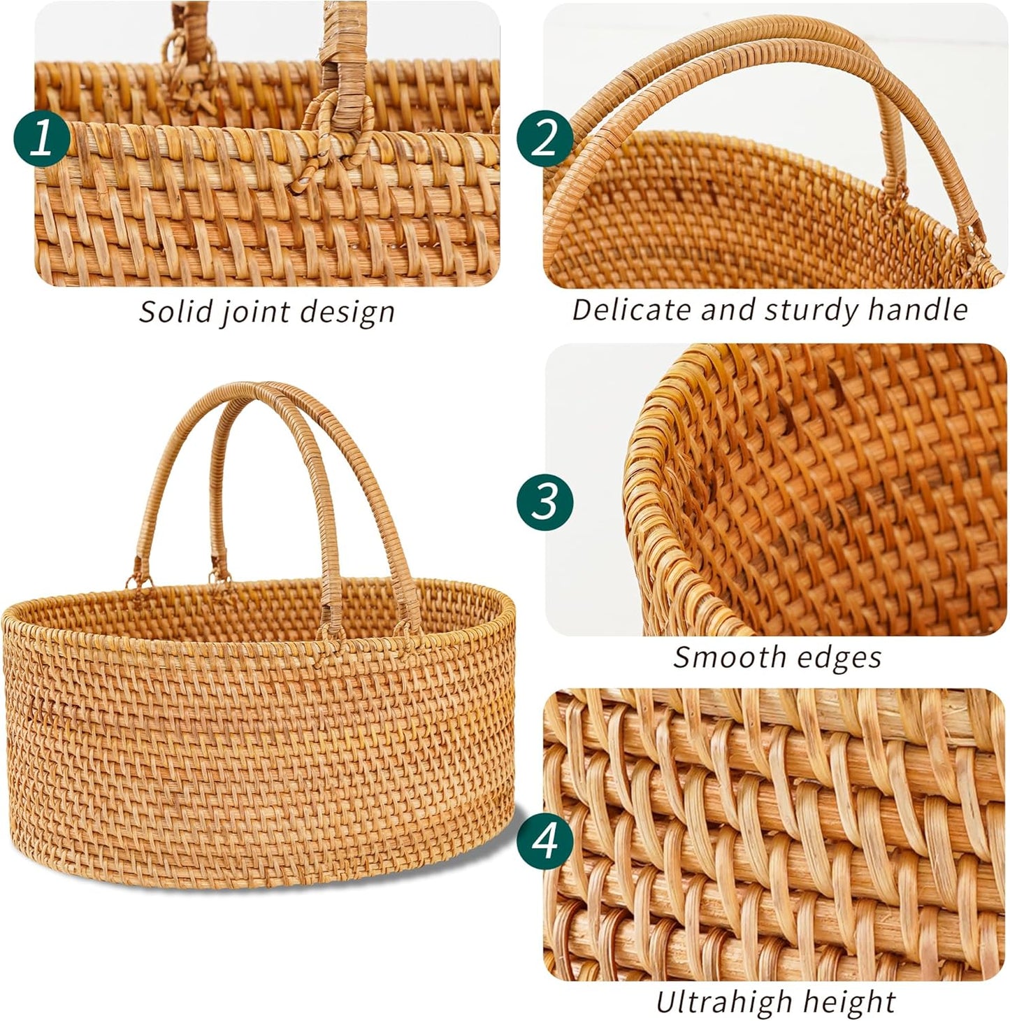 12.6"×9"×5" Rattan Picnic Basket with Handles, Large Oval Gift Basket, Hand-Woven Basket for Fruit, Empty Gift Basket for Festival, Wedding, Camping