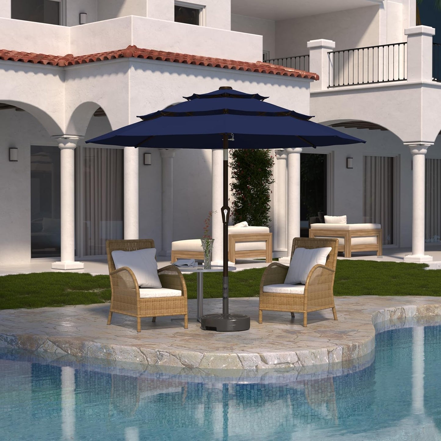 Kingdura 9ft 3-Tier Patio Umbrella, Outdoor Table Umbrella with Easy Crank & Tilt, 8 Reinforced Ribs, UV Protection for Deck, Pool, Market, Backyard (Navy blue)