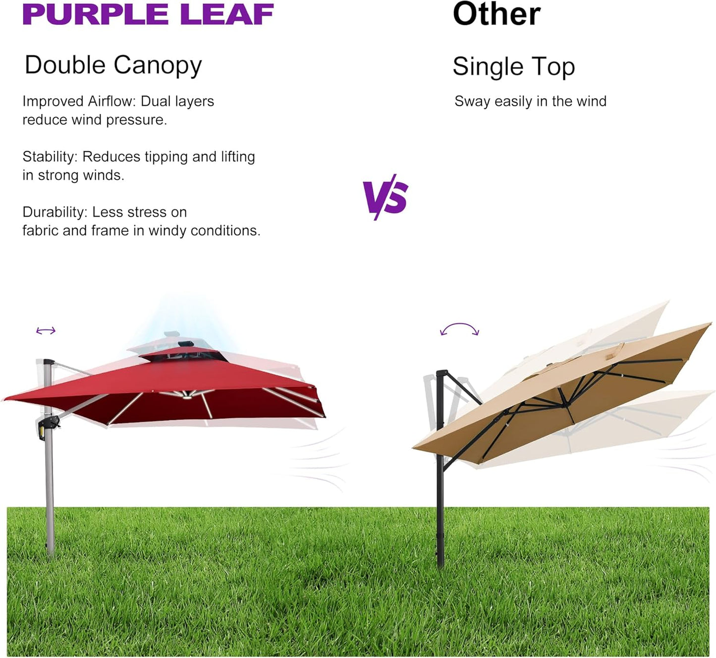 PURPLE LEAF 10 Feet Double Top Deluxe Solar Powered LED Square Patio Umbrella Offset Hanging Umbrella Outdoor Market Umbrella Garden Umbrella, Terra