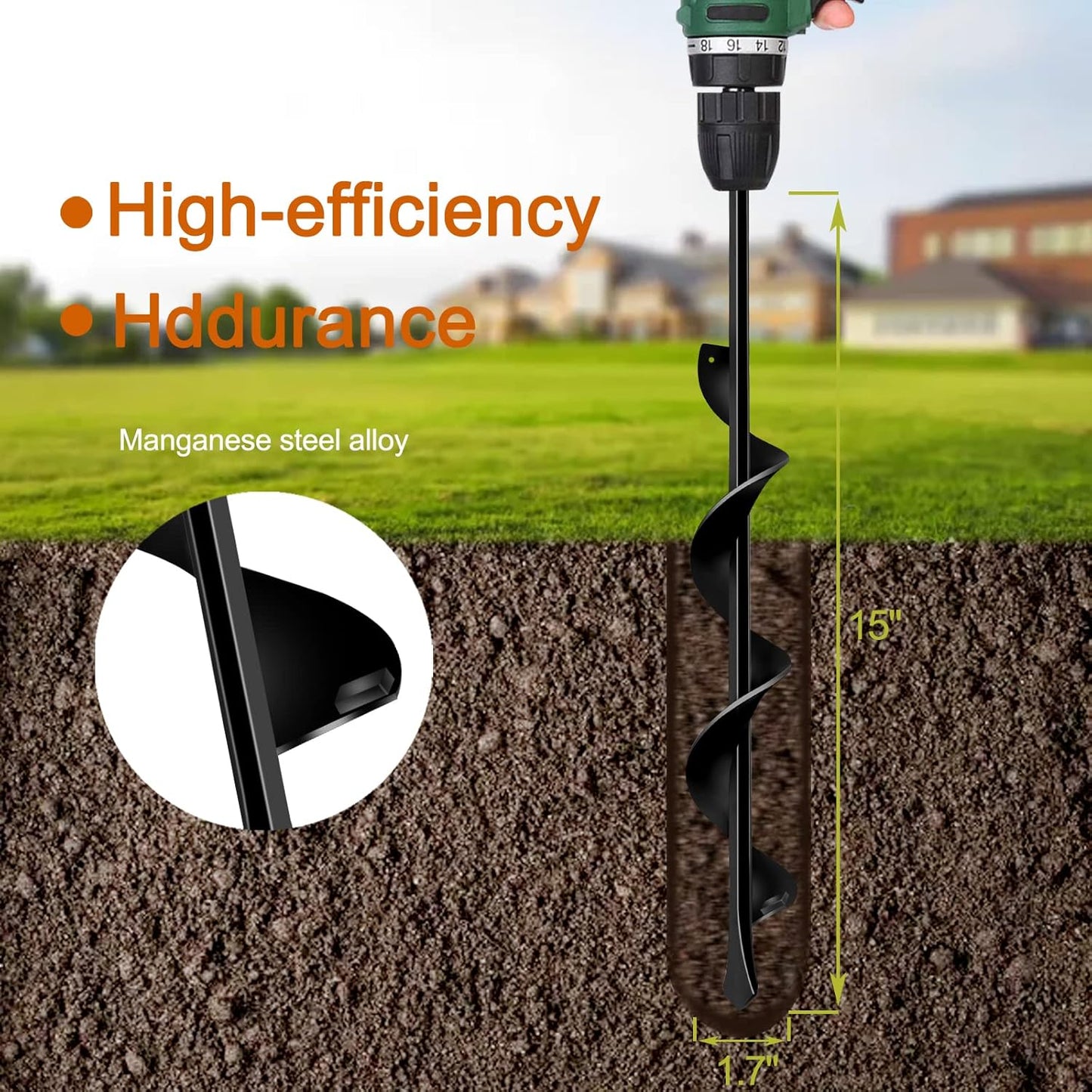 LONGRUN Auger Drill Bit for Planting-1.7"x15" Planting Auger, Garden Spiral Hole Drill Bulb Planter Tool for Planting, Bedding Plants, Flowers, Umbrella Holes - 3/8 Inch Hex Drive Drill Augers