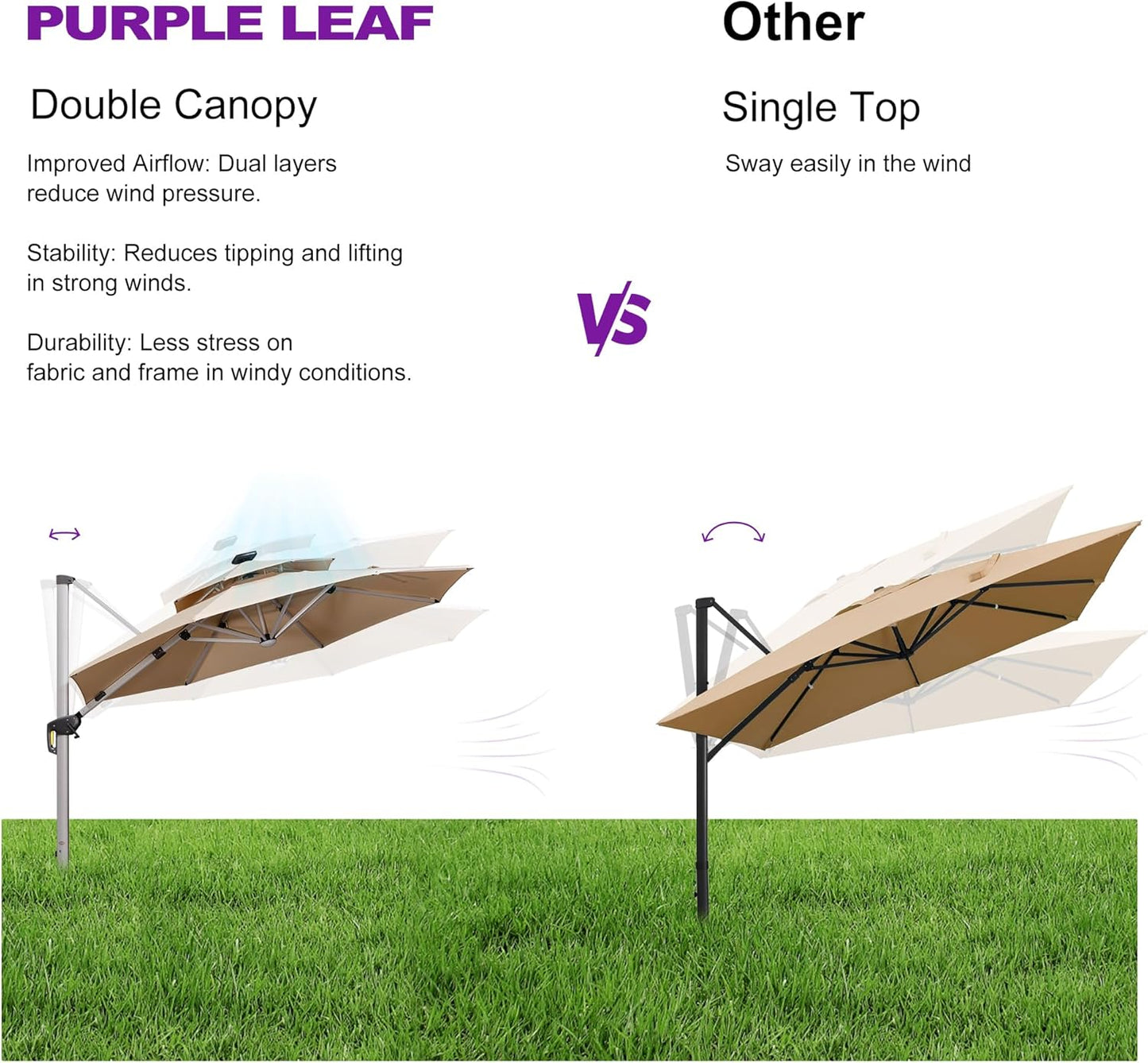 PURPLE LEAF 11ft Solar powered LED Patio Umbrella Outdoor Round Umbrellas Large Cantilever Umbrella with LED lights Windproof Offset Umbrellas Heavy Duty for Garden Deck Pool Patio, Beige