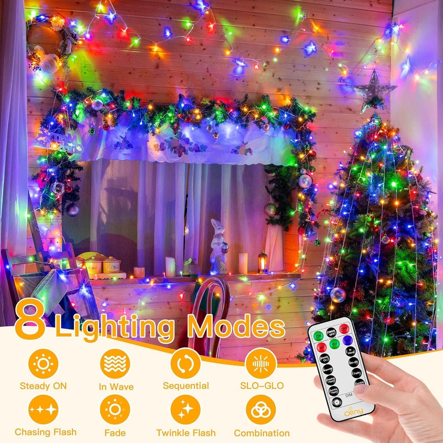 Ollny Christmas Lights Outdoor Waterproof, 1000LED 328FT Super Long String Lights with Remote 3 Timer, Plug in 8 Modes Fairy Light for Outside House Bedroom Xmas Decorations, Multicolor