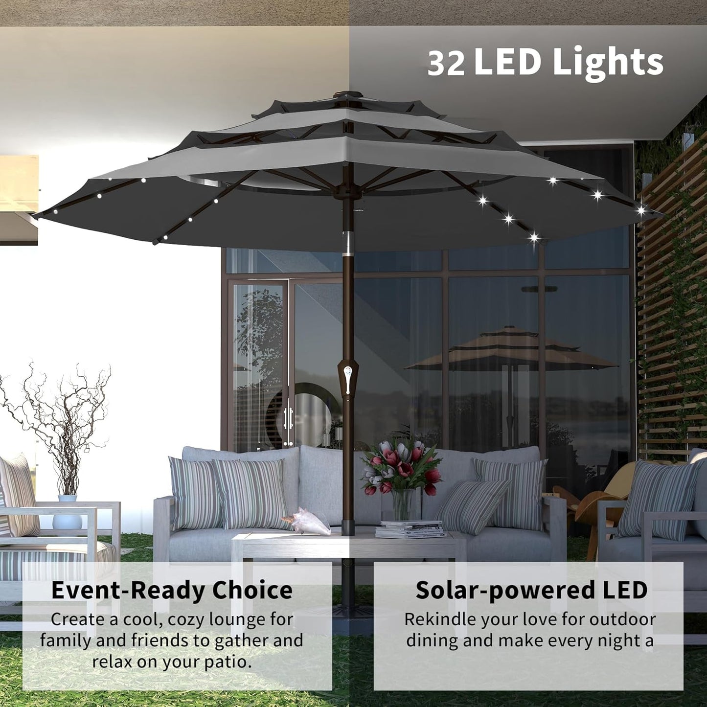 Kingdura 10ft 3-Tier Patio Umbrella with Solar Lights, Table Umbrella Outdoor Patio with Easy Crank & Tilt, 8 Sturdy Ribs, UV Protection, 32 LED Lights for Deck, Poolside, Market (Grey)