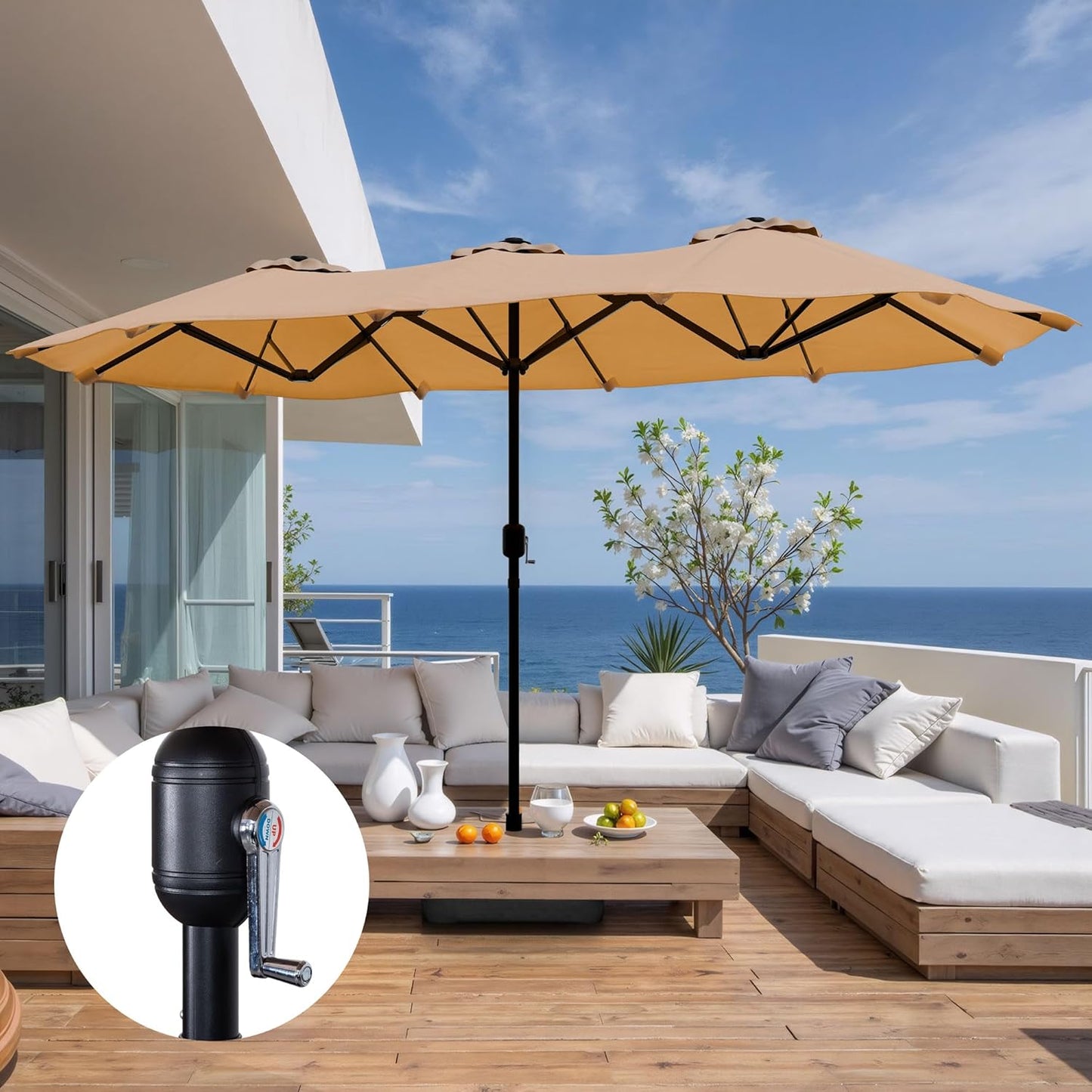 Shintenchi 16FT Large Patio Umbrella with Base, Outdoor Double-Sided Rectangular Umbrella, Market Umbrella with Crank Handle for Poolside Lawn Garden, Khaki