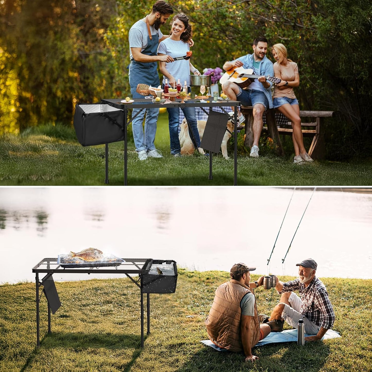 Portable Folding Grill Table with Sink for Outdoor, Lightweight Aluminum Frame Folding Grill Stand Picnic Table Camping Cooking BBQ, RV Picnic,2 Heights Adjustable(Black)