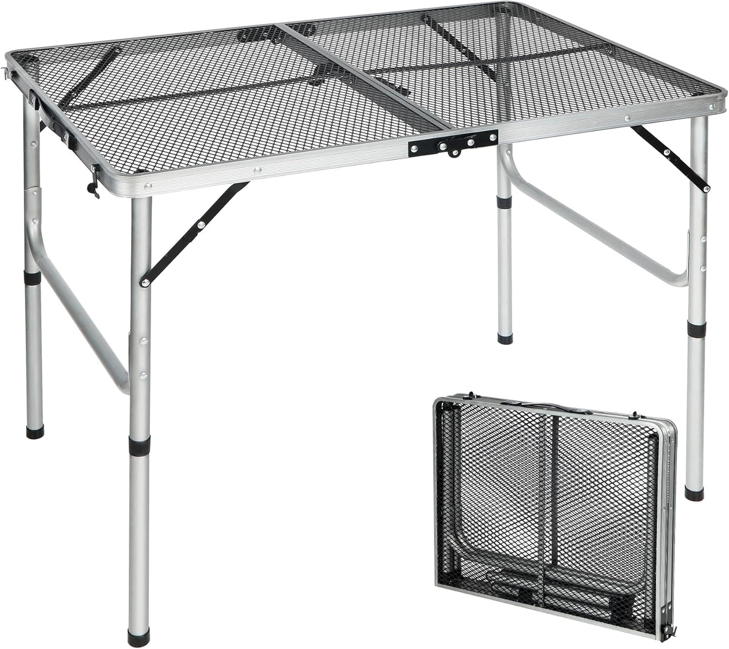 REDCAMP 36x24 Folding Grill Table for Outside, Lightweight Portable Metal Aluminum Outdoor Grill Table with Adjustable Height Legs, Great for Camping Picnic Cooking BBQ, Silver 3ft