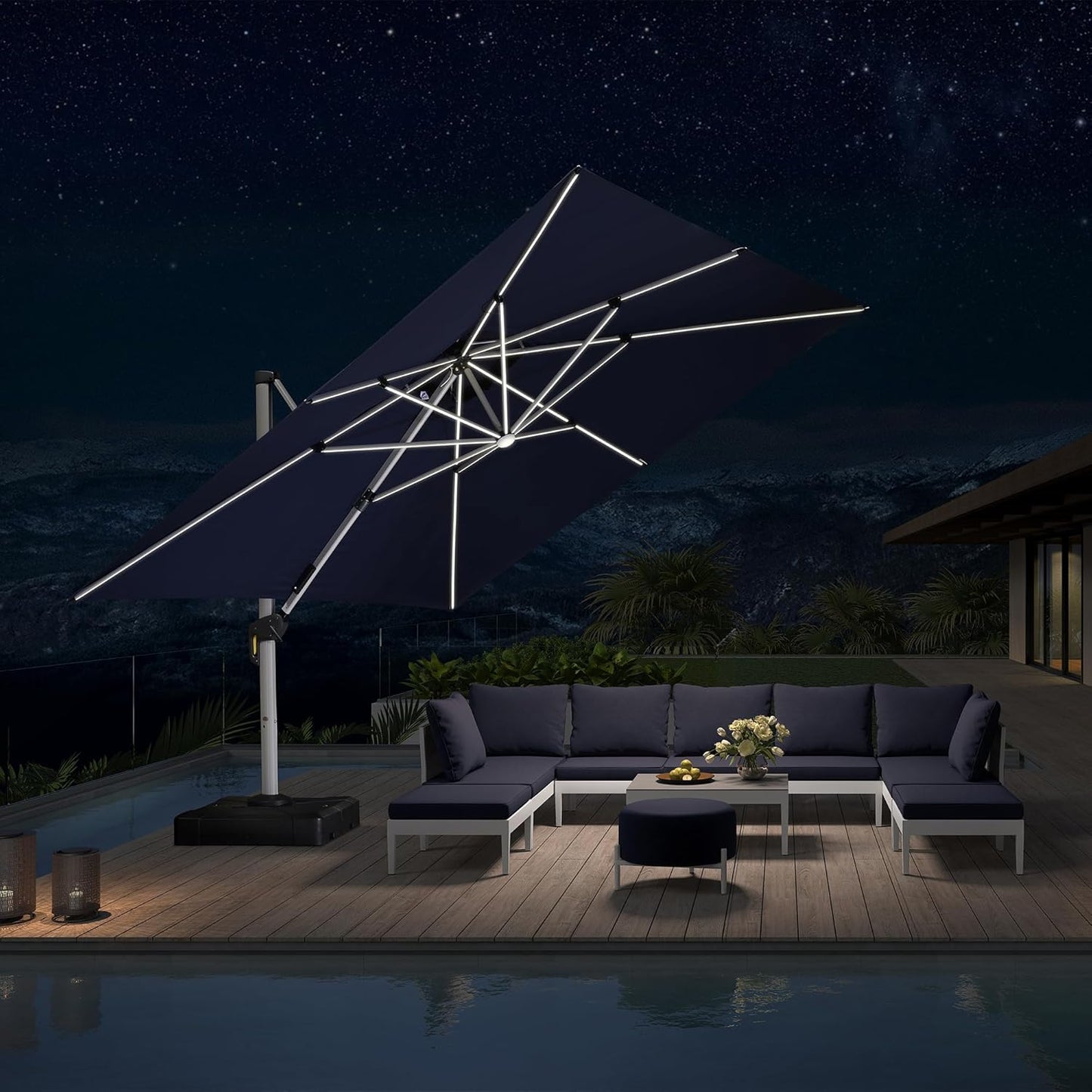 PURPLE LEAF 12 Ft Double Top Patio Cantilever Umbrella Outdoor Solar Powered LED Square Offset Large Garden Umbrella, Navy Blue