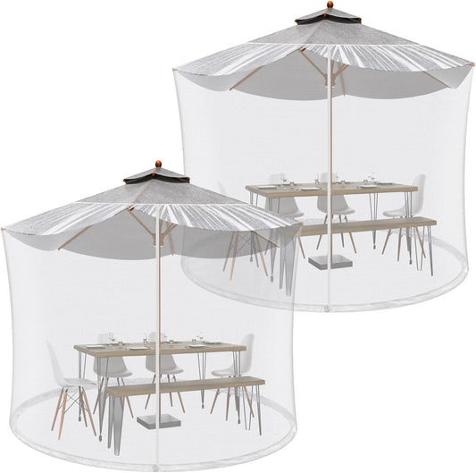 Windyun 2 Pcs 7 to 10 ft Patio Umbrella Mosquito Netting with Double Zipper Door, Screen Universal Hanging Mosquito Net for Patio Polyester Mesh Umbrella Screen for Outdoor and Patio Tables(White)