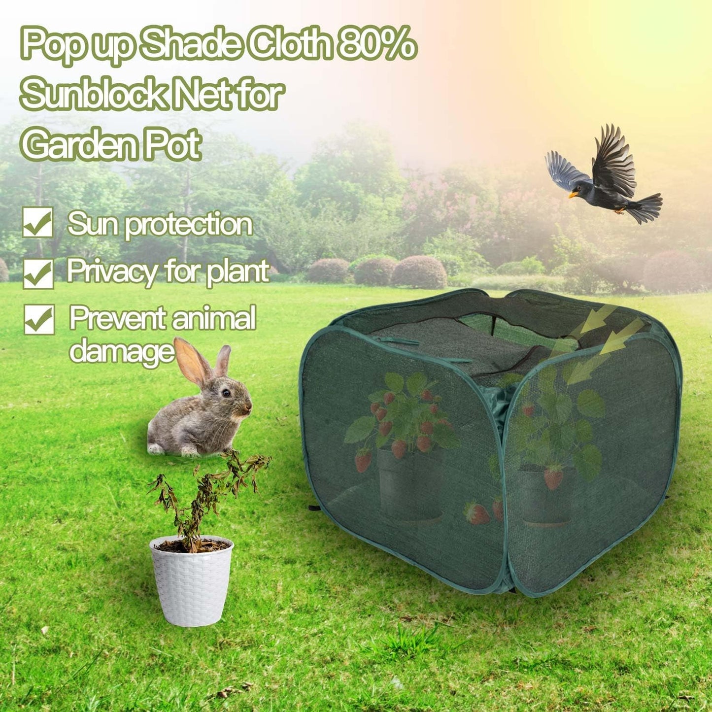 Porayhut Pop up Sunshade Cloth,Pack of 2,Easy Open Crop Shade Net UV Resisitant Plant 80% Sunblock Net for Plant Mini Flower Pot with Stakes