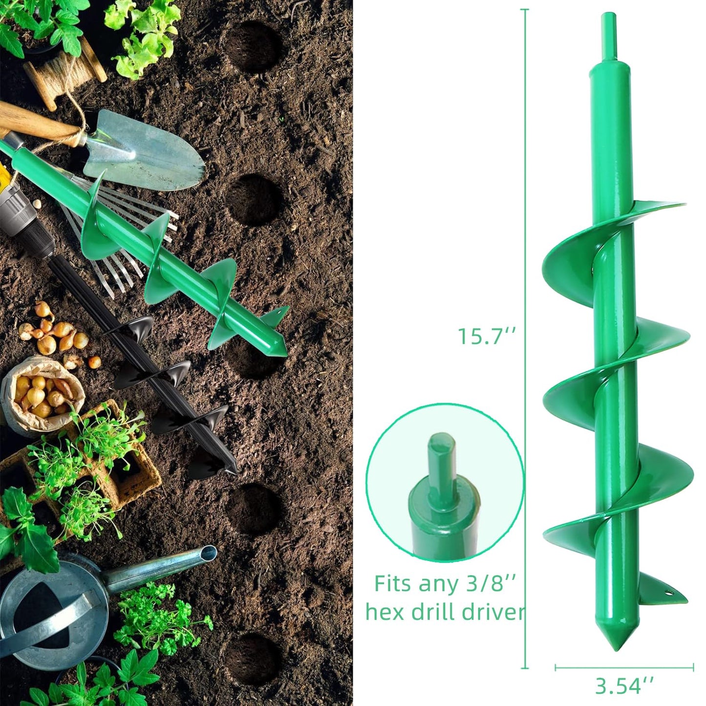 4 Pack Garden Ground Earth Spiral Drill Bit for 3/8" Hex Drive Drill, Auger Drill Bits for Bulbs Planting, Hole Digger Flowers,Bedding Digging Plant Rapid Planter Tool