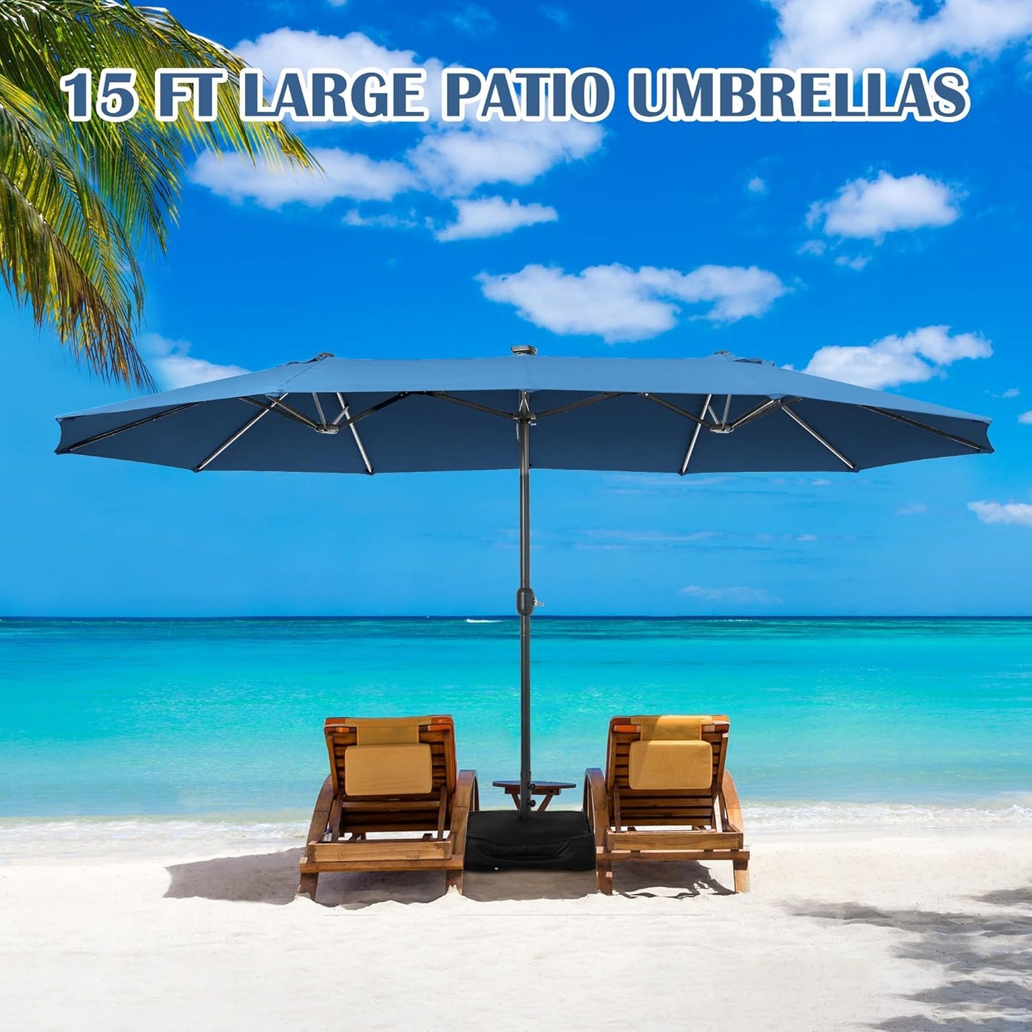 Sundale Outdoor Solar 144 LED 15 ft Patio Umbrella with Sandbag Base Included and Cover, Outdoor Double-Sided Umbrella, Navy