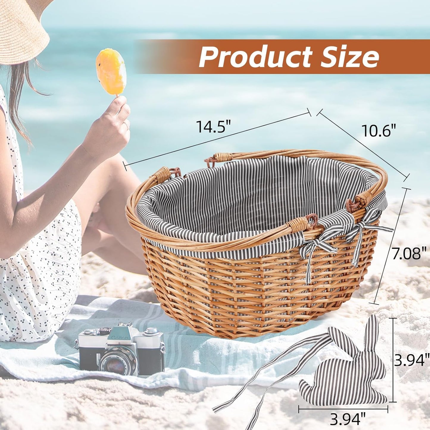 G GOOD GAIN Oval Picnic Basket with Folding Handles, Willow Hand Woven Shopping Basket, Bath Toy Kids Toy Storage Gift Packing Basket, Wicker Empty Easter Eggs and Candy Small Gift Basket. Grey