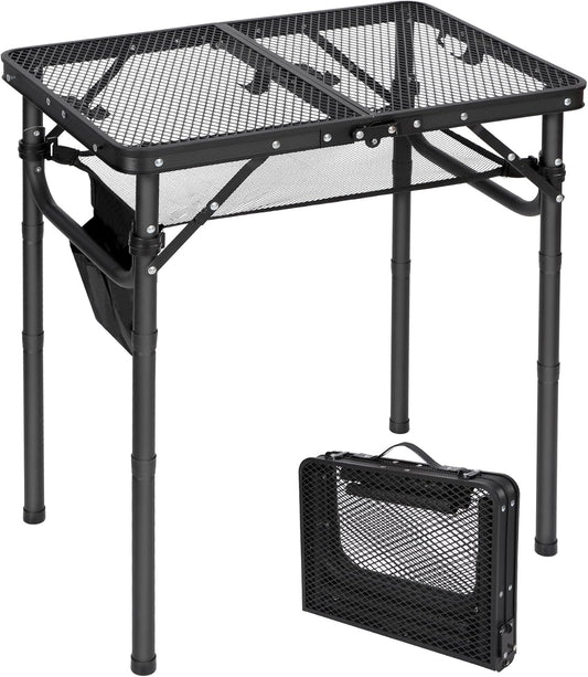 REDCAMP Small Folding Grill Table for Outside, 3 Heights Adjustable Lightweight Portable Metal Aluminum Outdoor Grill Table for Camping Picnic Cooking BBQ, Black 24x16 inches