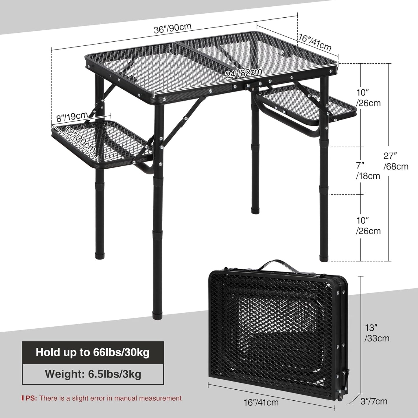 RedSwing Folding Grill Table with Extra Space, Adjustable Height Portable Small Stand Table for Outdoor Indoor Camping Picnic BBQ, Black with Side Table